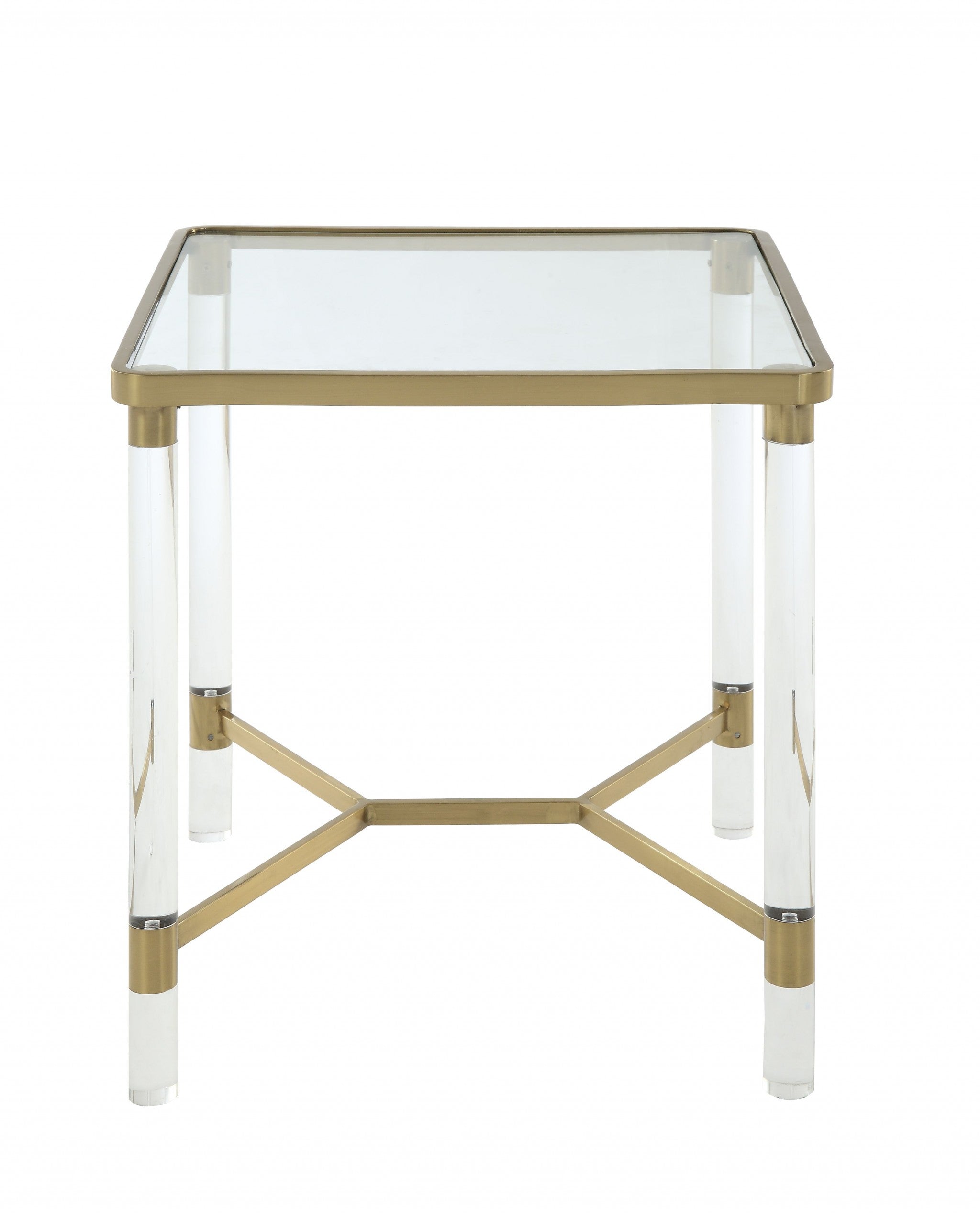 20x20x24 inches stainless steel end table with clear acrylic legs and glass top, showcasing a modern design and chrome finish.