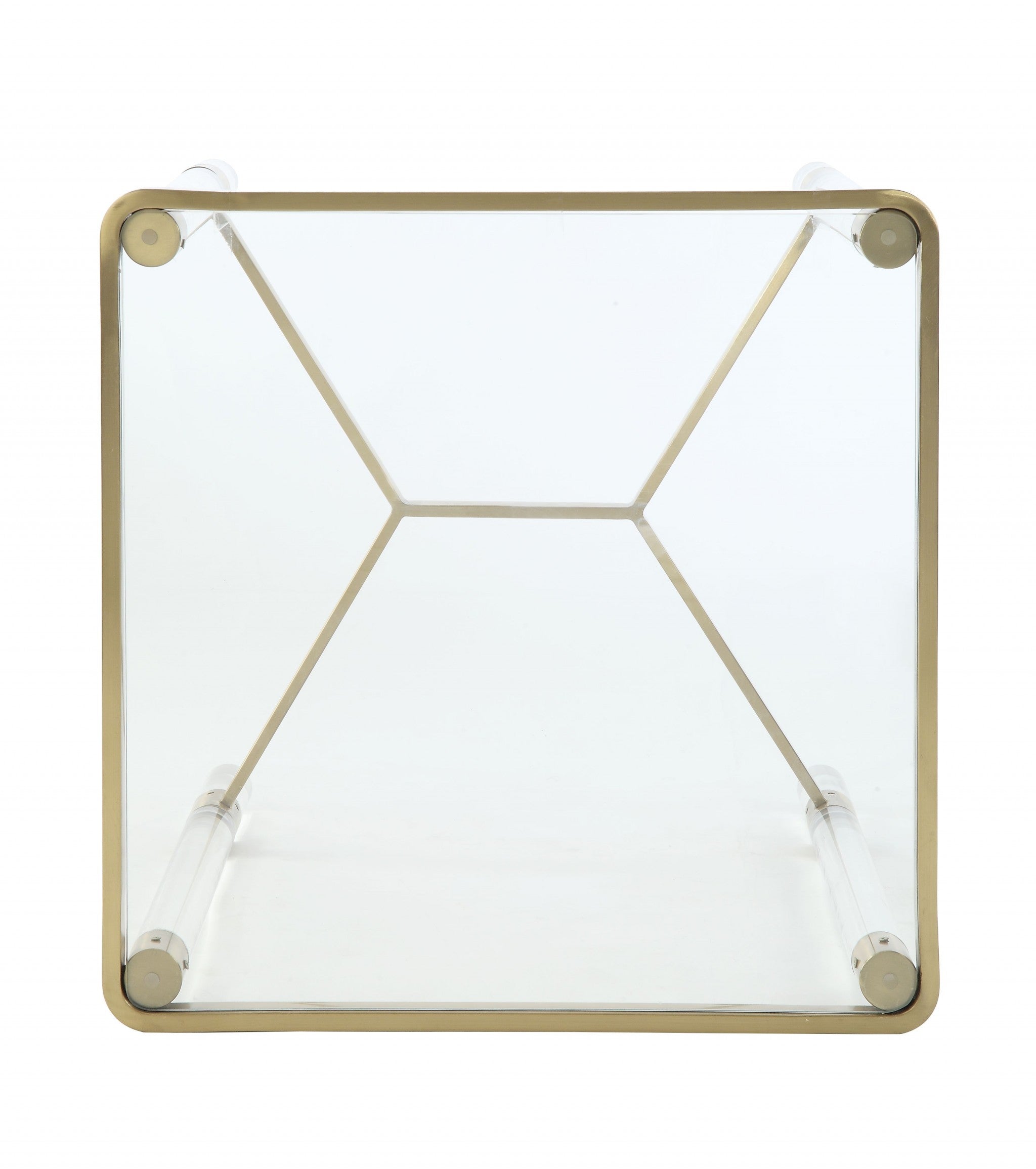 20x20x24 inches stainless steel end table with clear acrylic legs and glass top, showcasing a modern design and chrome finish.