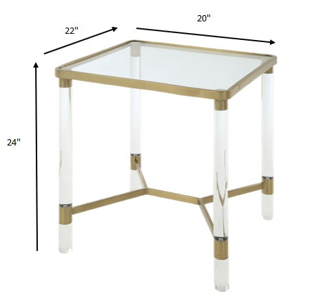 20x20x24 inches stainless steel end table with clear acrylic legs and glass top, showcasing a modern design and chrome finish.