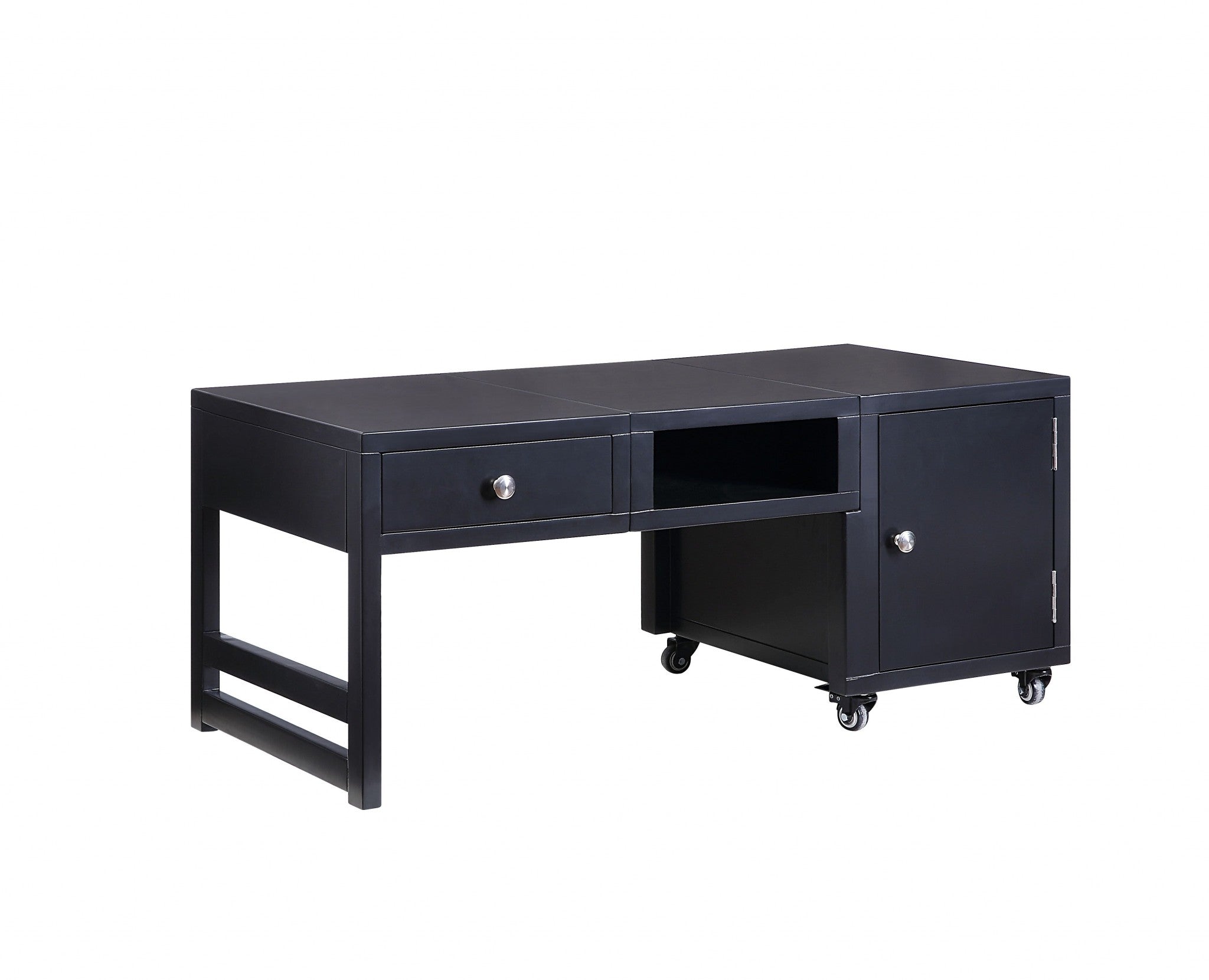 A stylish black wood veneer coffee table with metal legs and caster wheels, featuring a cabinet, open shelf, and drawer, perfect for modern living rooms.