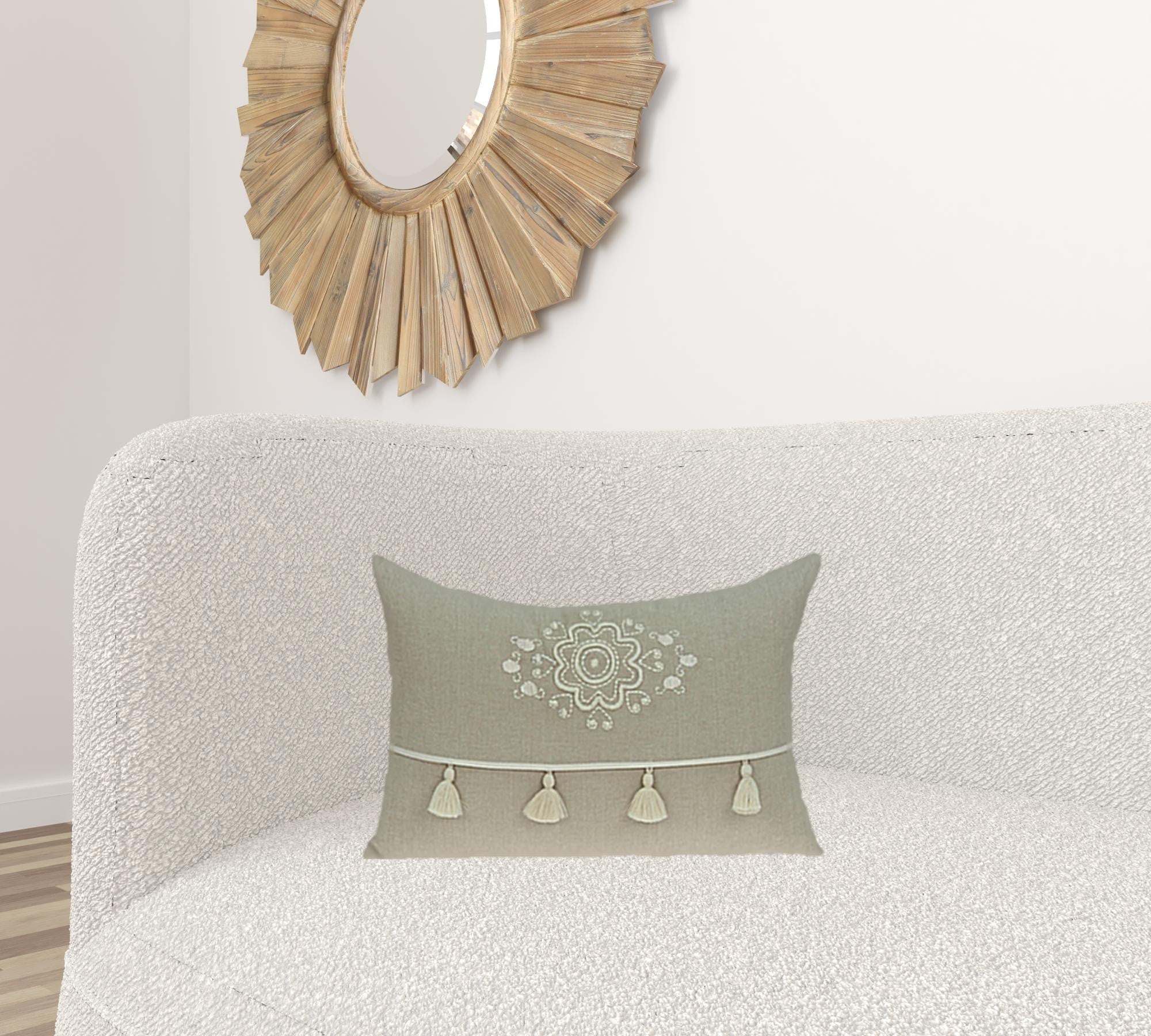 Transitional beige pillow cover measuring 20x6x14 inches with poly insert, showcasing a luxurious cotton texture and elegant design.