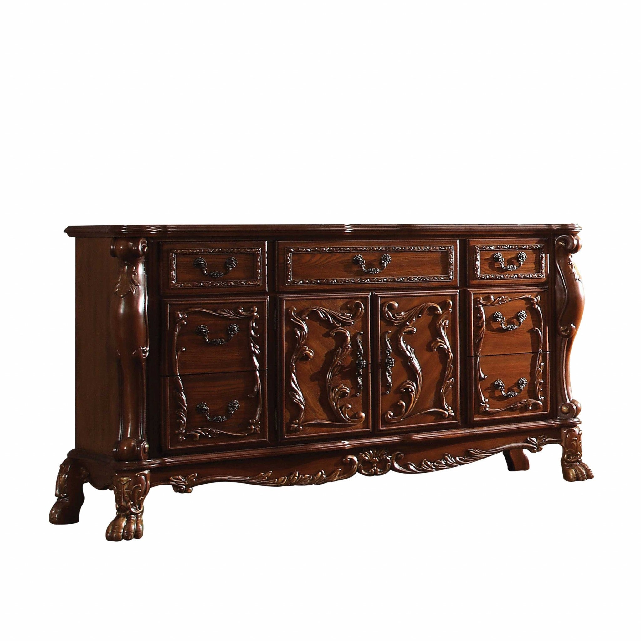 Elegant 20x66x38 Cherry Oak Wood Poly Resin Dresser/Server with antique brass hardware and intricate carvings.