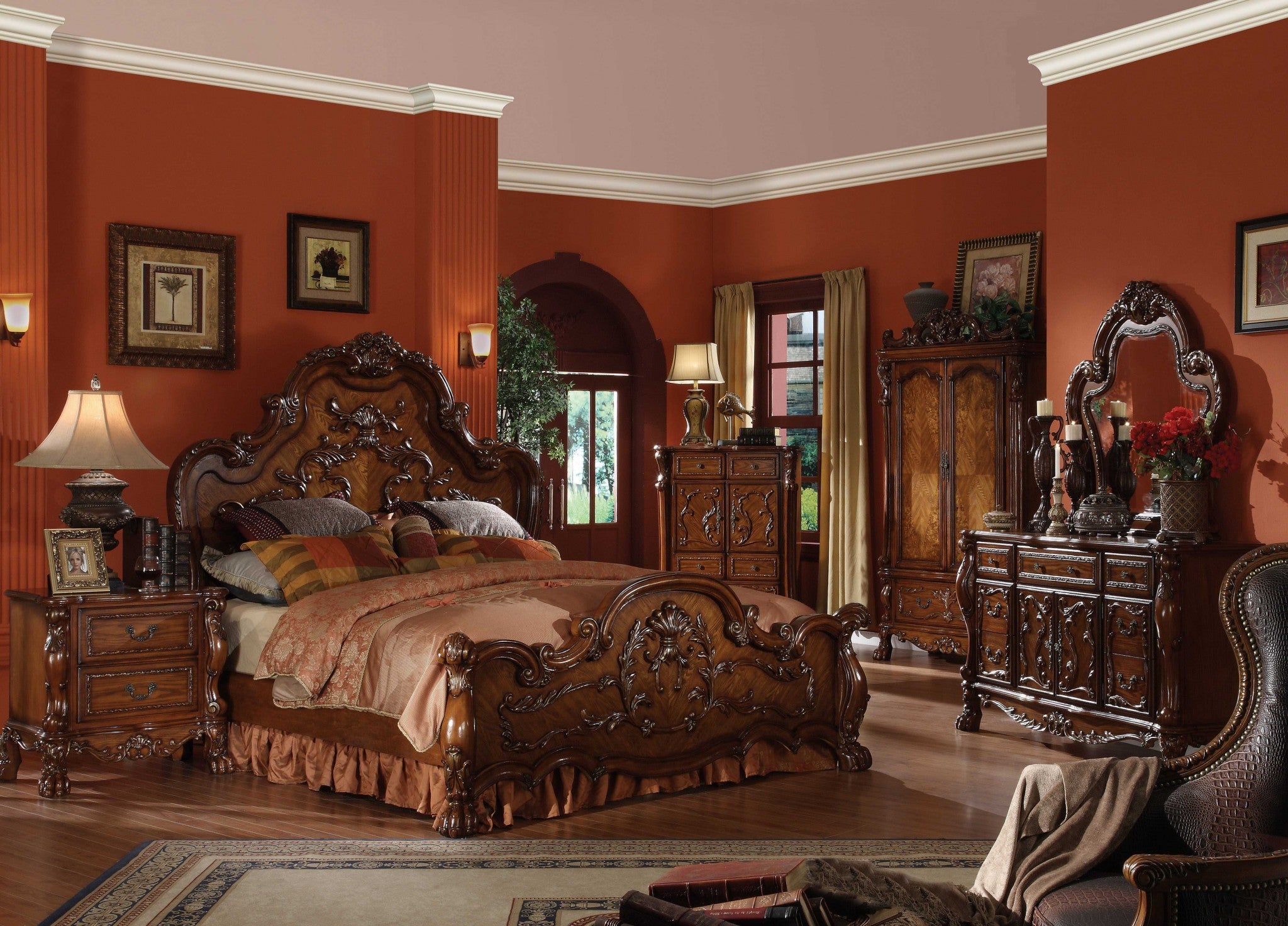 Elegant 20x66x38 Cherry Oak Wood Poly Resin Dresser/Server with antique brass hardware and intricate carvings.