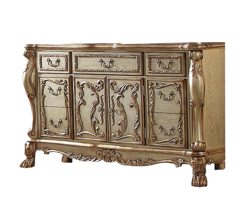 Elegant Gold Patina Bone Wood Poly Resin dresser/server with vintage design, featuring seven felt-lined drawers and two doors.