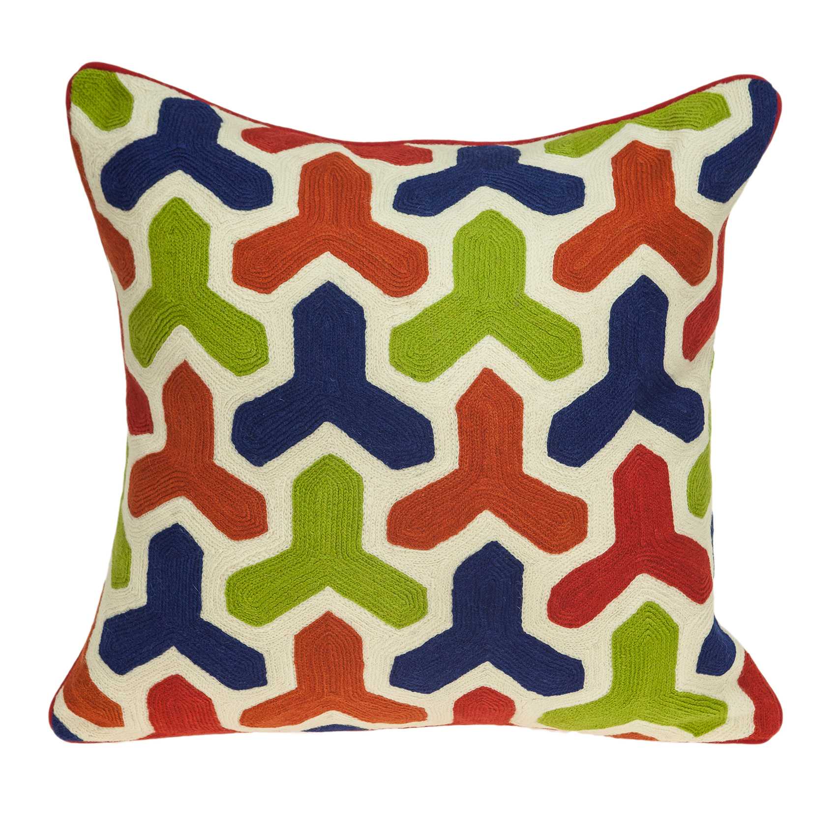 Handmade transitional pillow cover in red and blue, showcasing a multicolored knitted design, perfect for home decor.