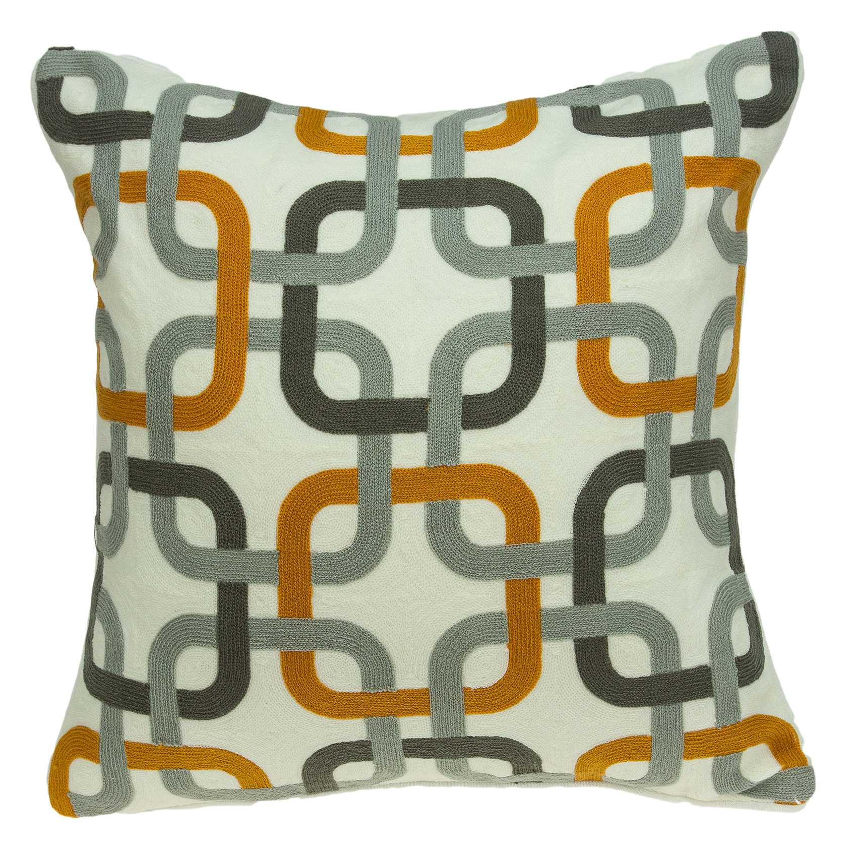 Multicolor decorative pillow cover featuring gray, orange, and black colors with a poly insert, perfect for home decor.