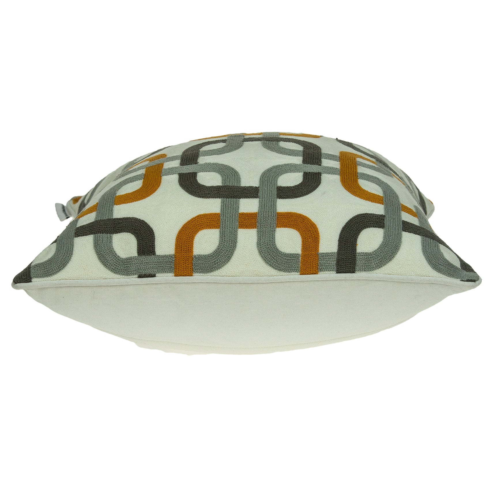 Multicolor decorative pillow cover featuring gray, orange, and black colors with a poly insert, perfect for home decor.