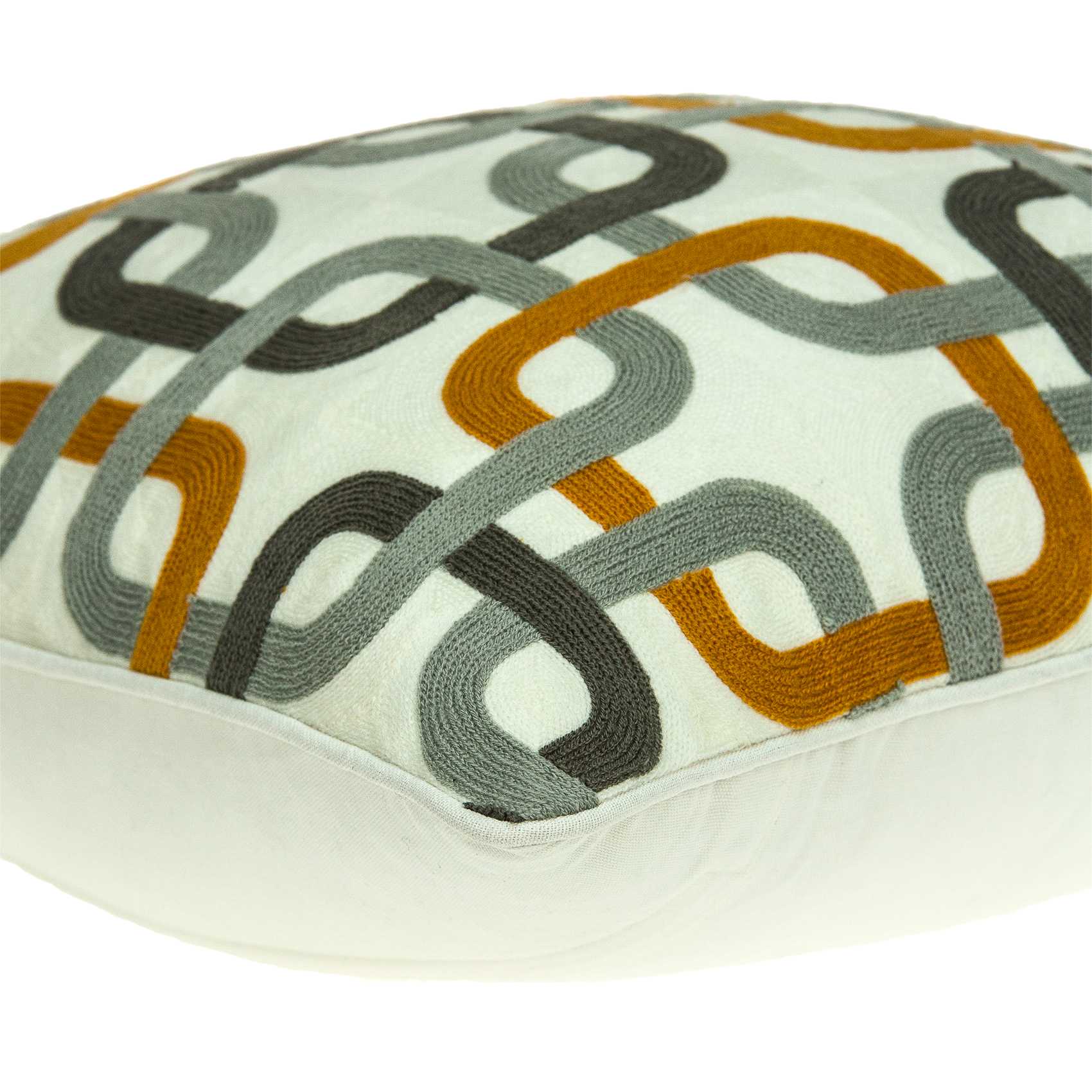 Multicolor decorative pillow cover featuring gray, orange, and black colors with a poly insert, perfect for home decor.