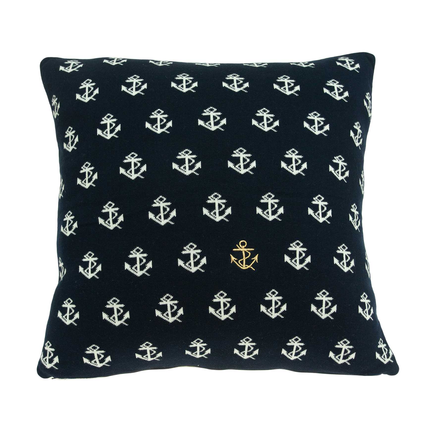 20x7x20 inches Nautical Blue Pillow Cover featuring a ship anchor pattern, made of 100% cotton with a polyfill insert.