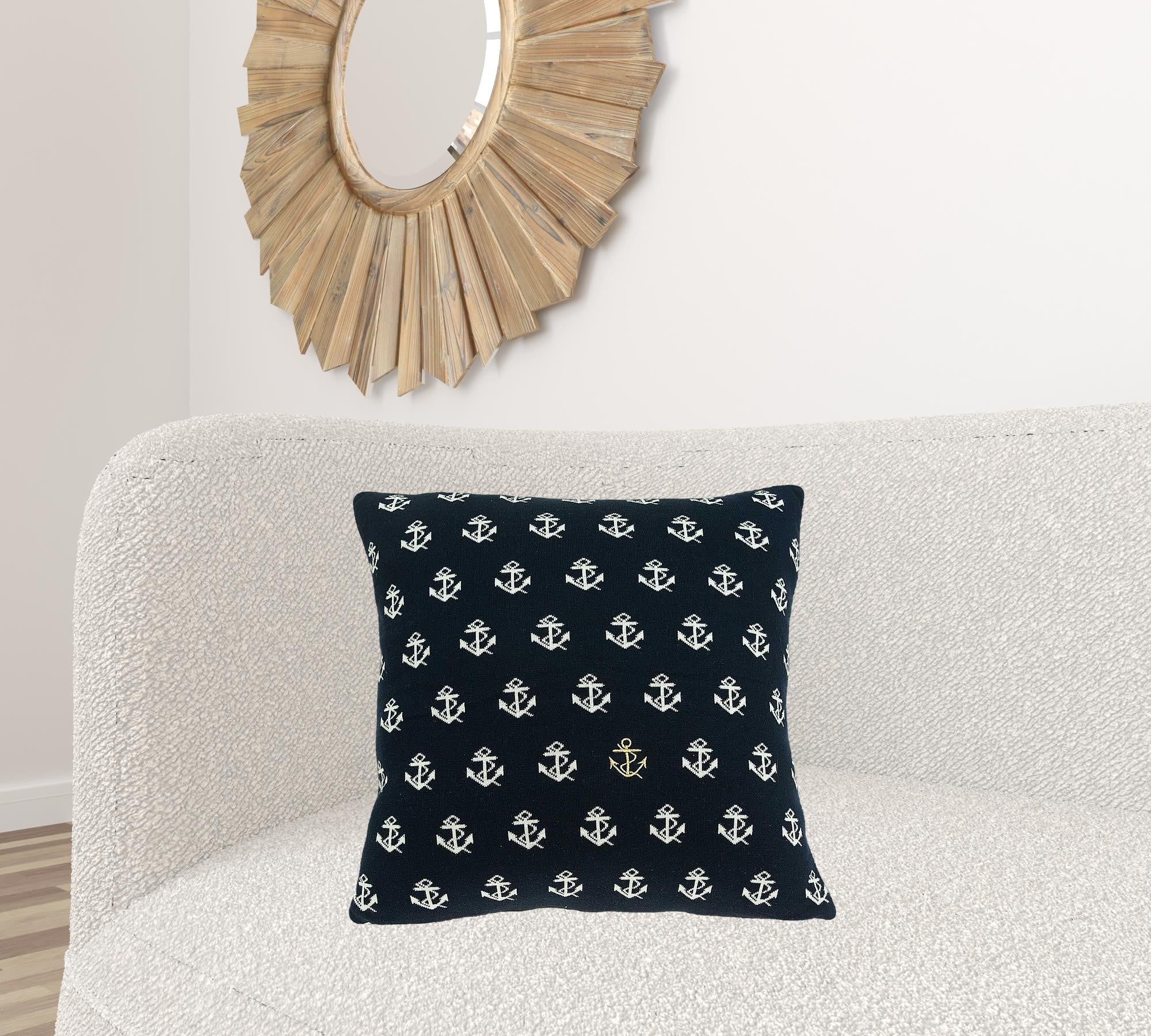 20x7x20 inches Nautical Blue Pillow Cover featuring a ship anchor pattern, made of 100% cotton with a polyfill insert.