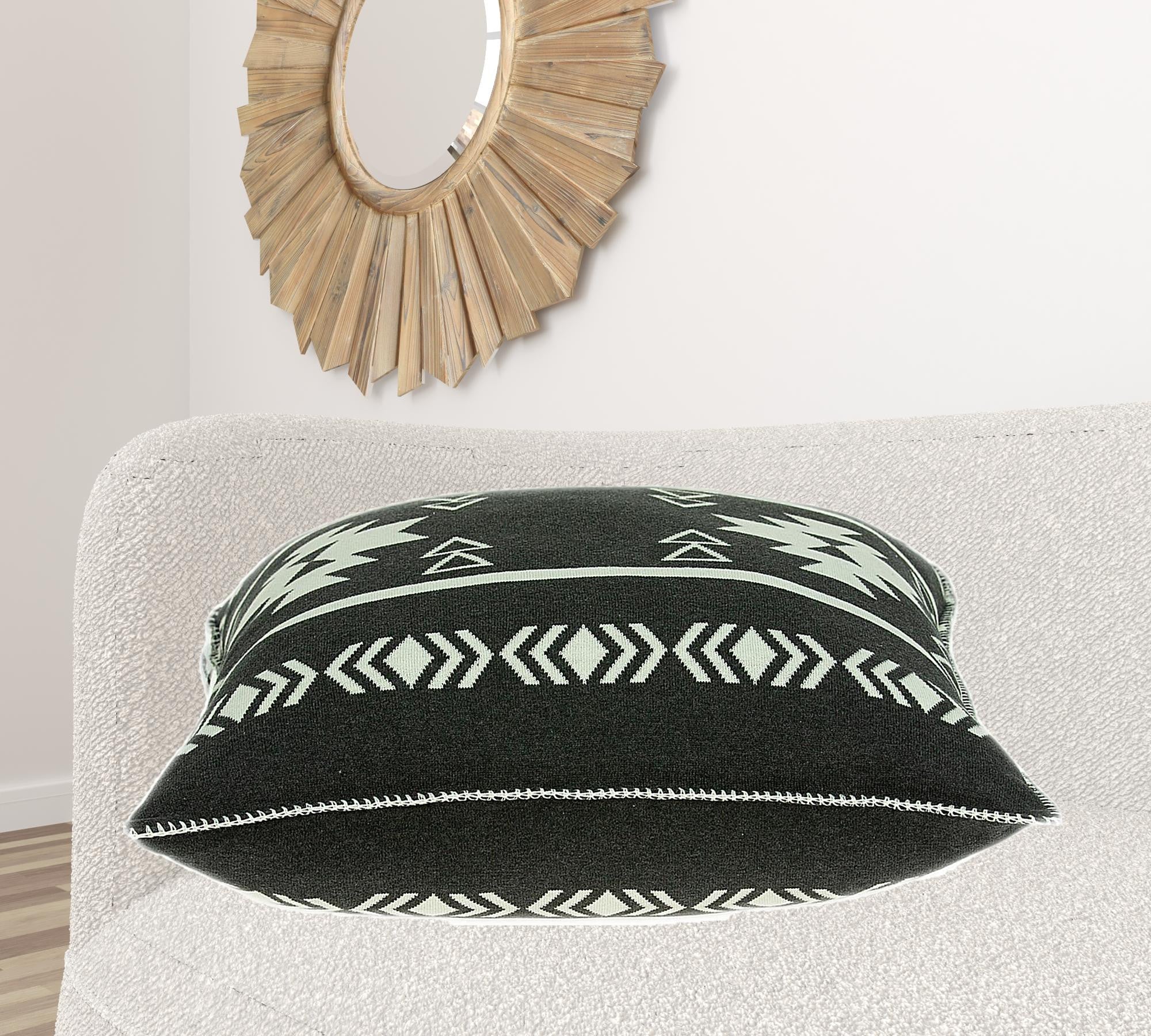 20x7x20 inches black cotton pillow cover with southwestern design, featuring a plush polyfill insert for comfort.