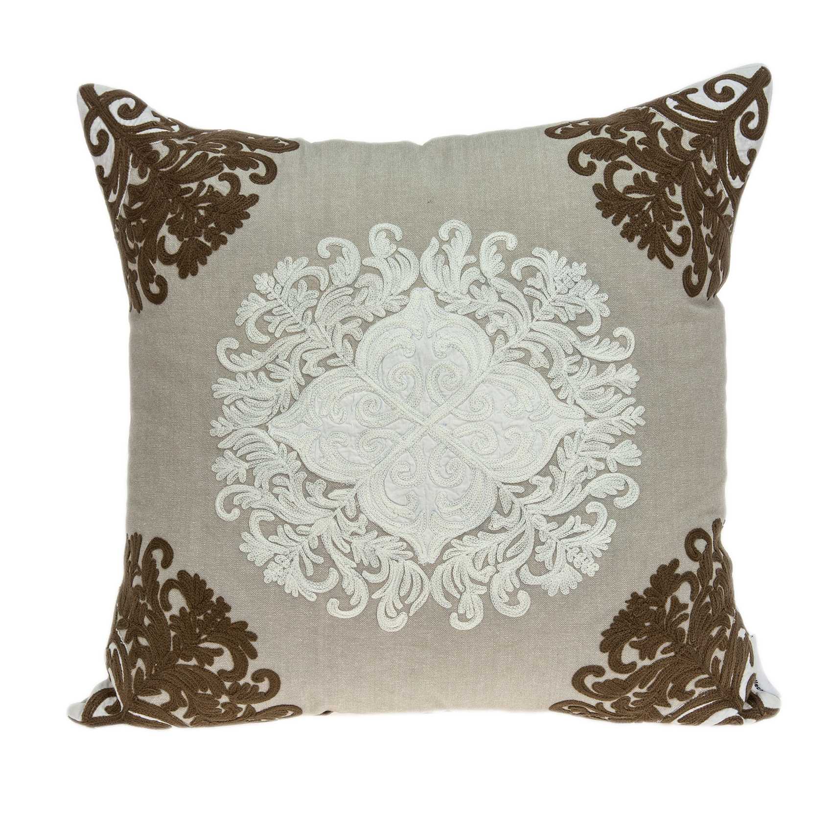 Traditional beige pillow cover measuring 20x7x20 inches with a polyfill insert, featuring a classic damask pattern.