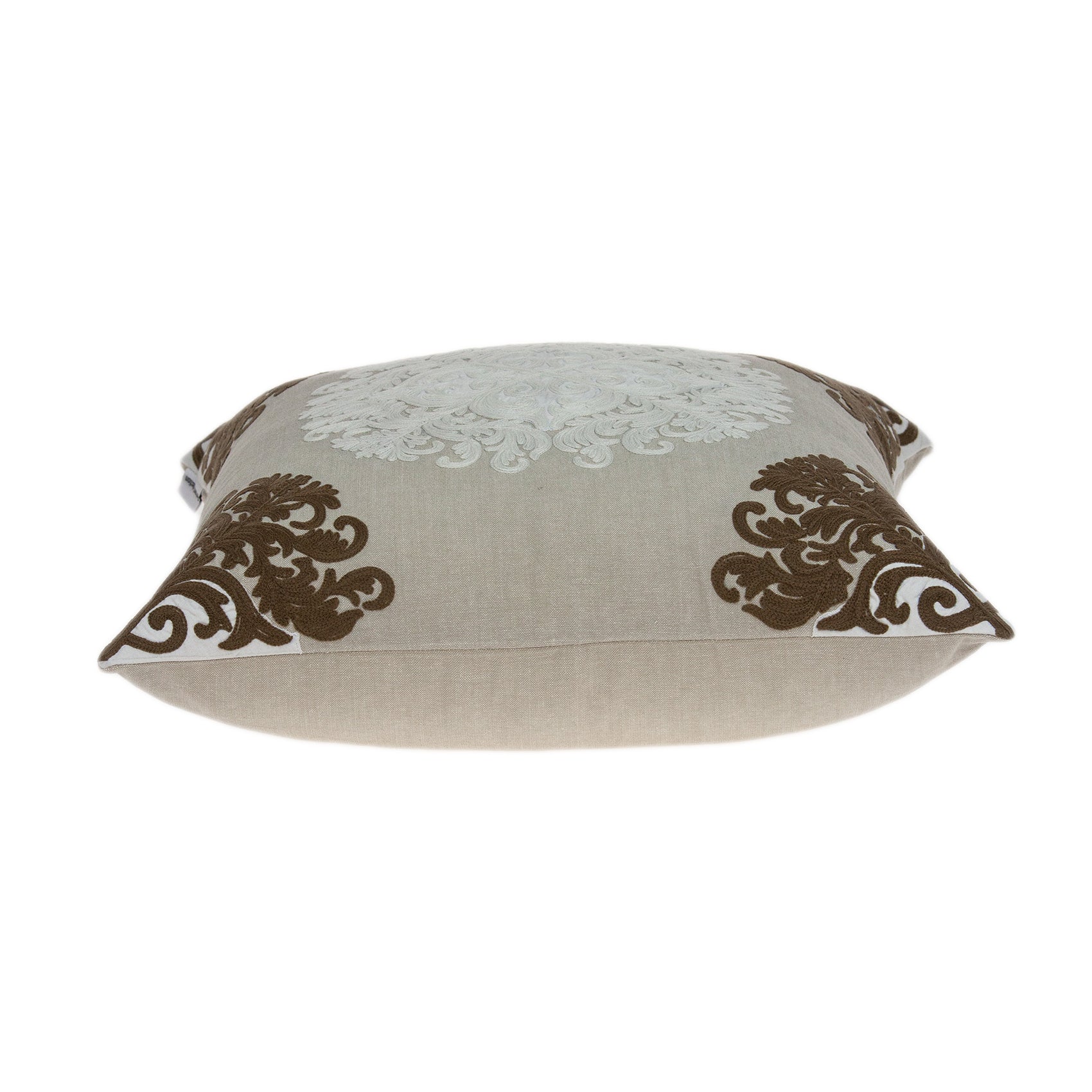 Traditional beige pillow cover measuring 20x7x20 inches with a polyfill insert, featuring a classic damask pattern.