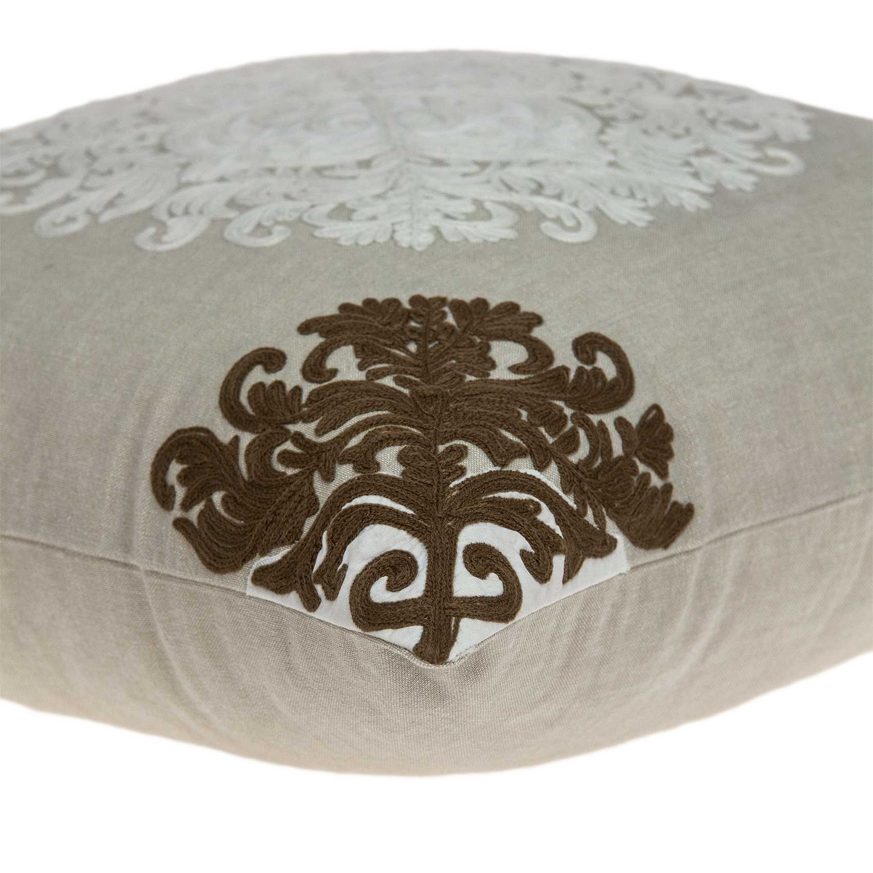 Traditional beige pillow cover measuring 20x7x20 inches with a polyfill insert, featuring a classic damask pattern.