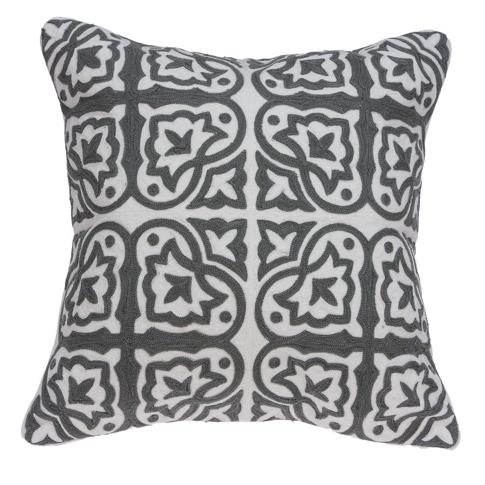 Traditional gray and white cotton pillow measuring 20x7x20 inches, featuring a soft texture and elegant stencil pattern.