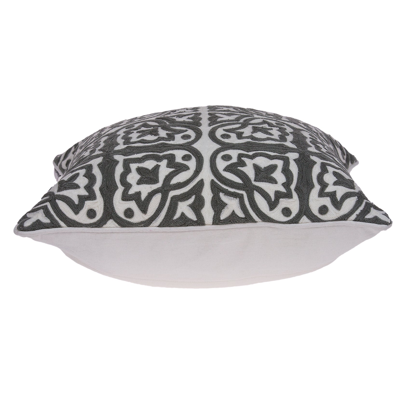 Traditional gray and white cotton pillow measuring 20x7x20 inches, featuring a soft texture and elegant stencil pattern.