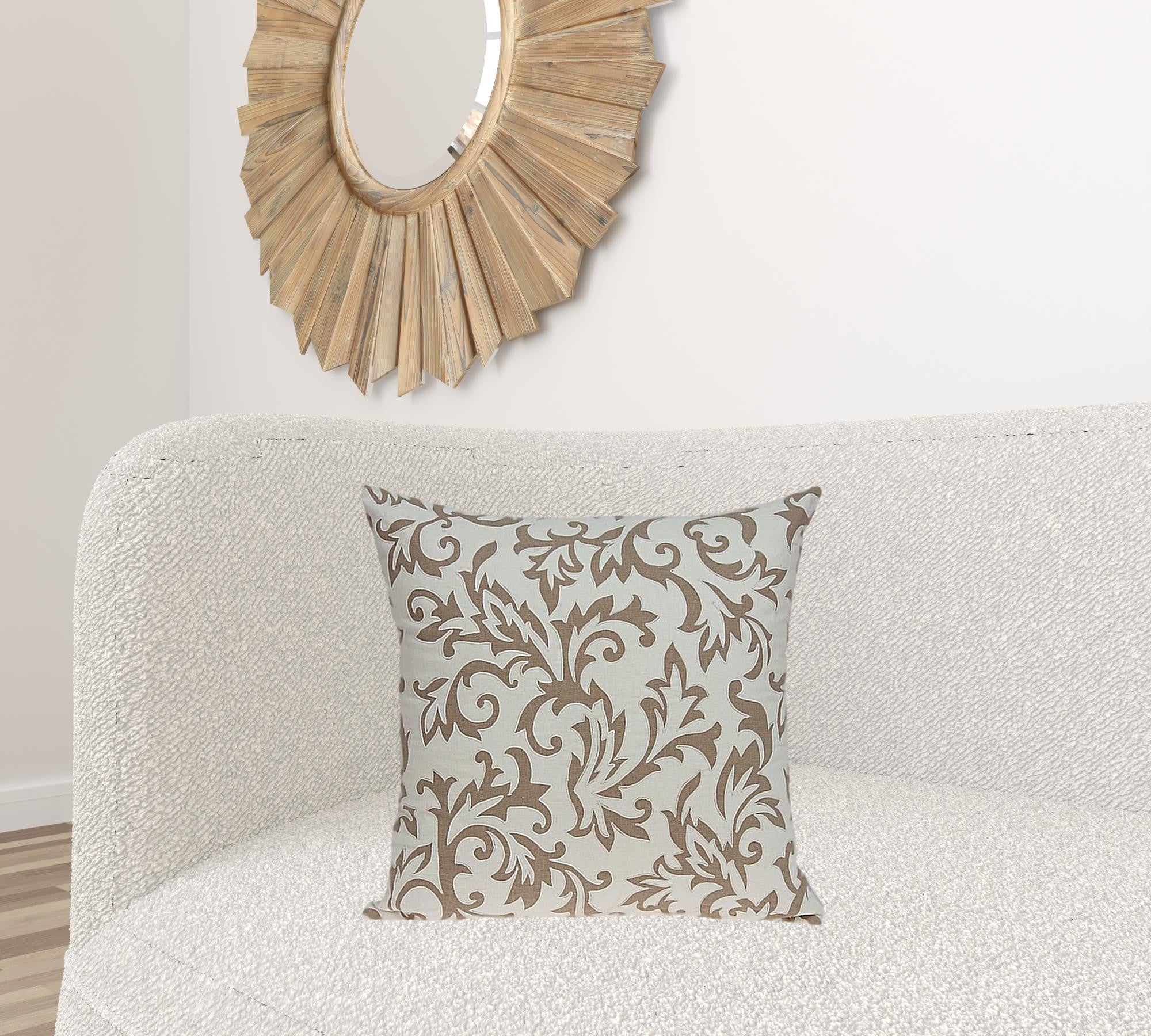 Transitional beige pillow cover measuring 20x7x20 inches, made from 100% cotton, showcasing a soft texture and elegant design.