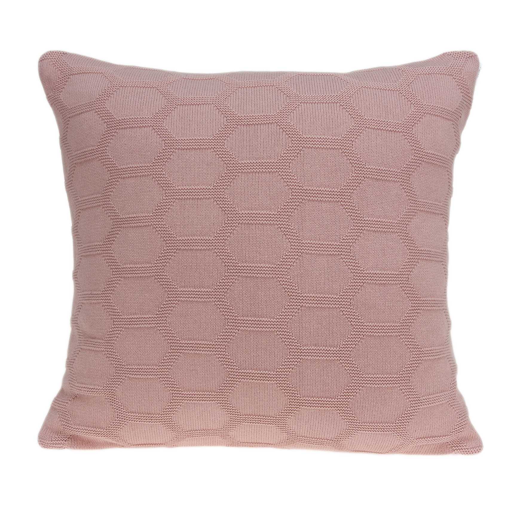 Transitional pink pillow cover measuring 20x7x20 inches, made from 100% cotton with a polyfill insert, featuring a honeycomb pattern.