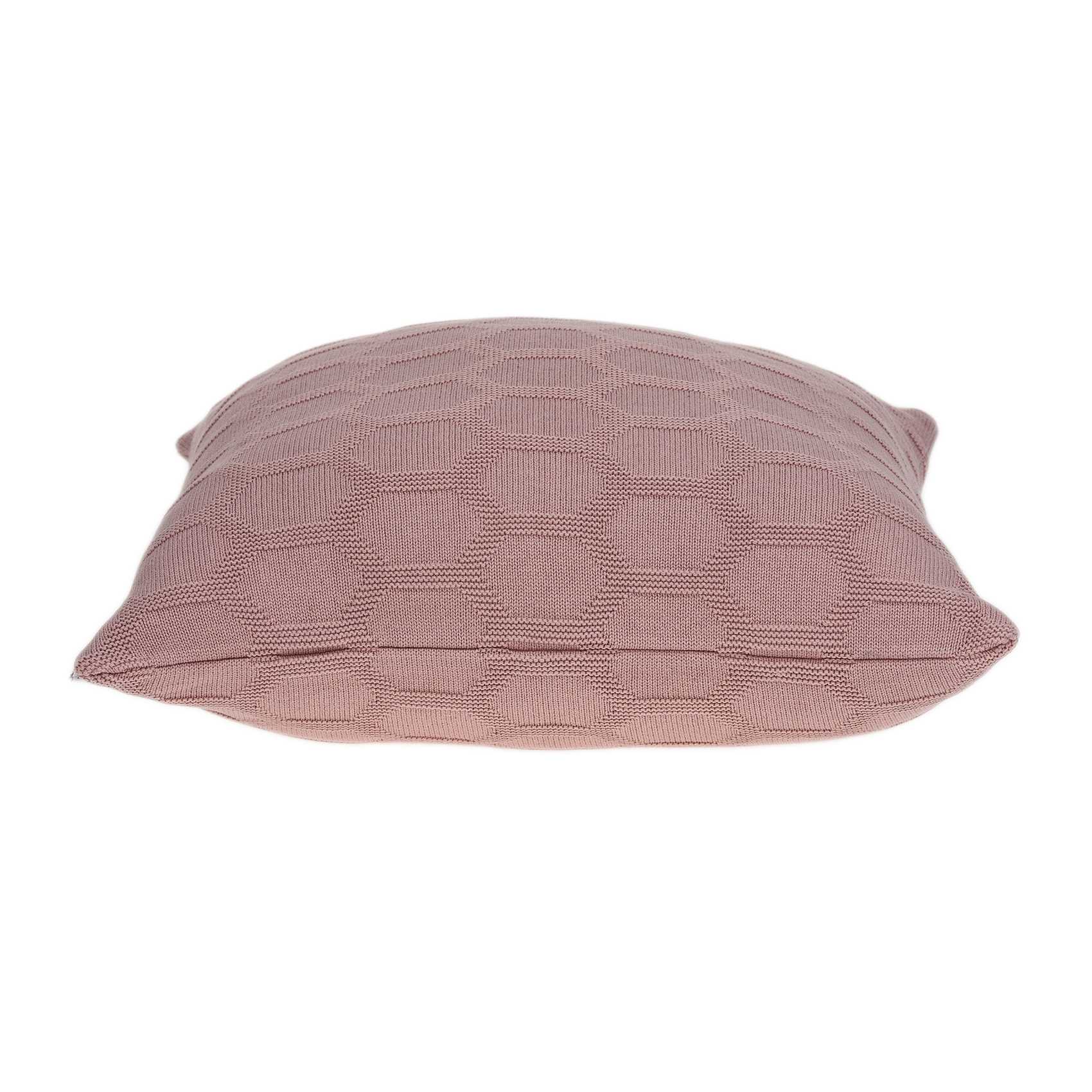 Transitional pink pillow cover measuring 20x7x20 inches, made from 100% cotton with a polyfill insert, featuring a honeycomb pattern.