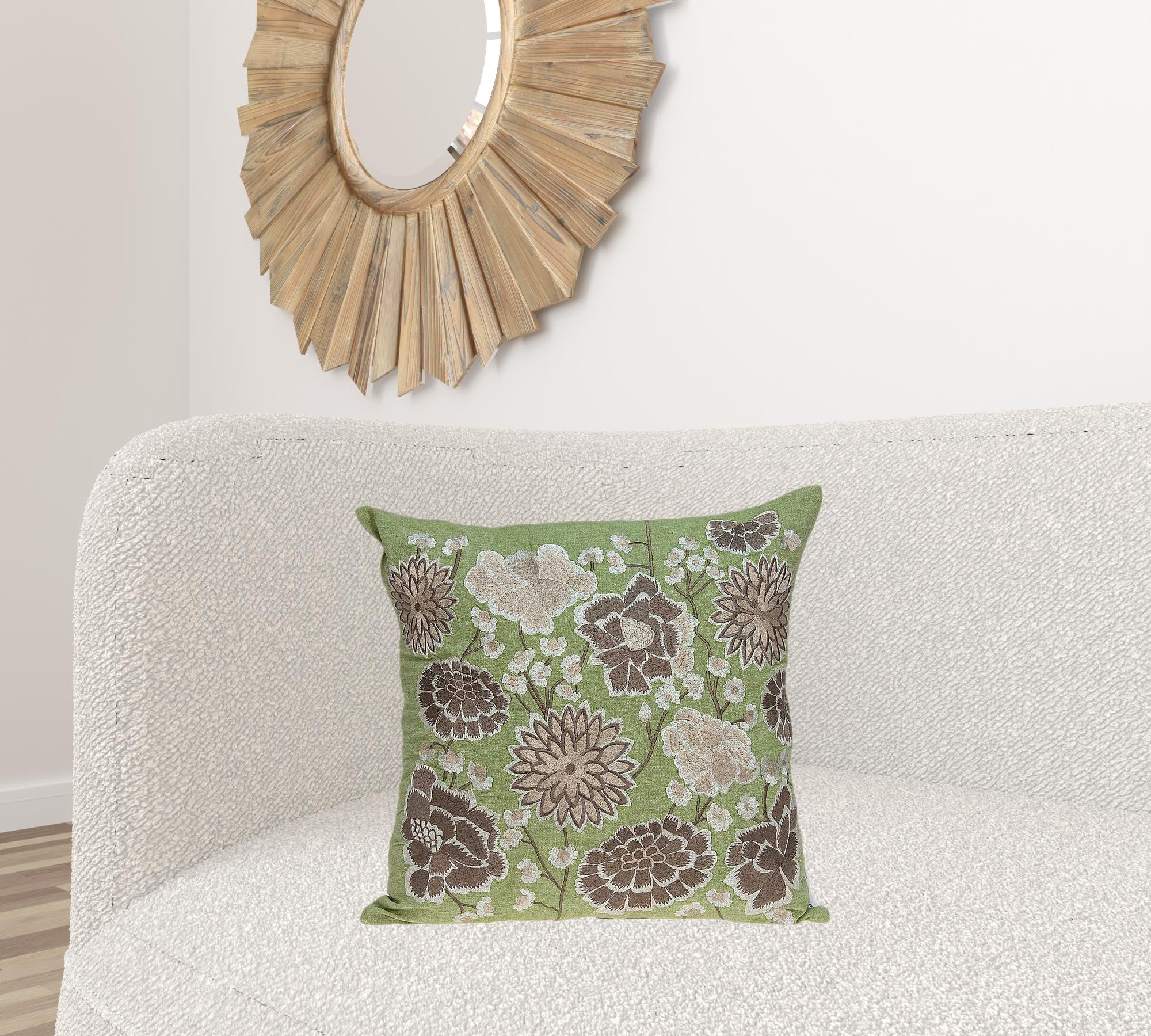 20x7x20 Tropical Green Pillow Cover with floral patterns, made of 100% cotton fabric and includes a poly insert for comfort.