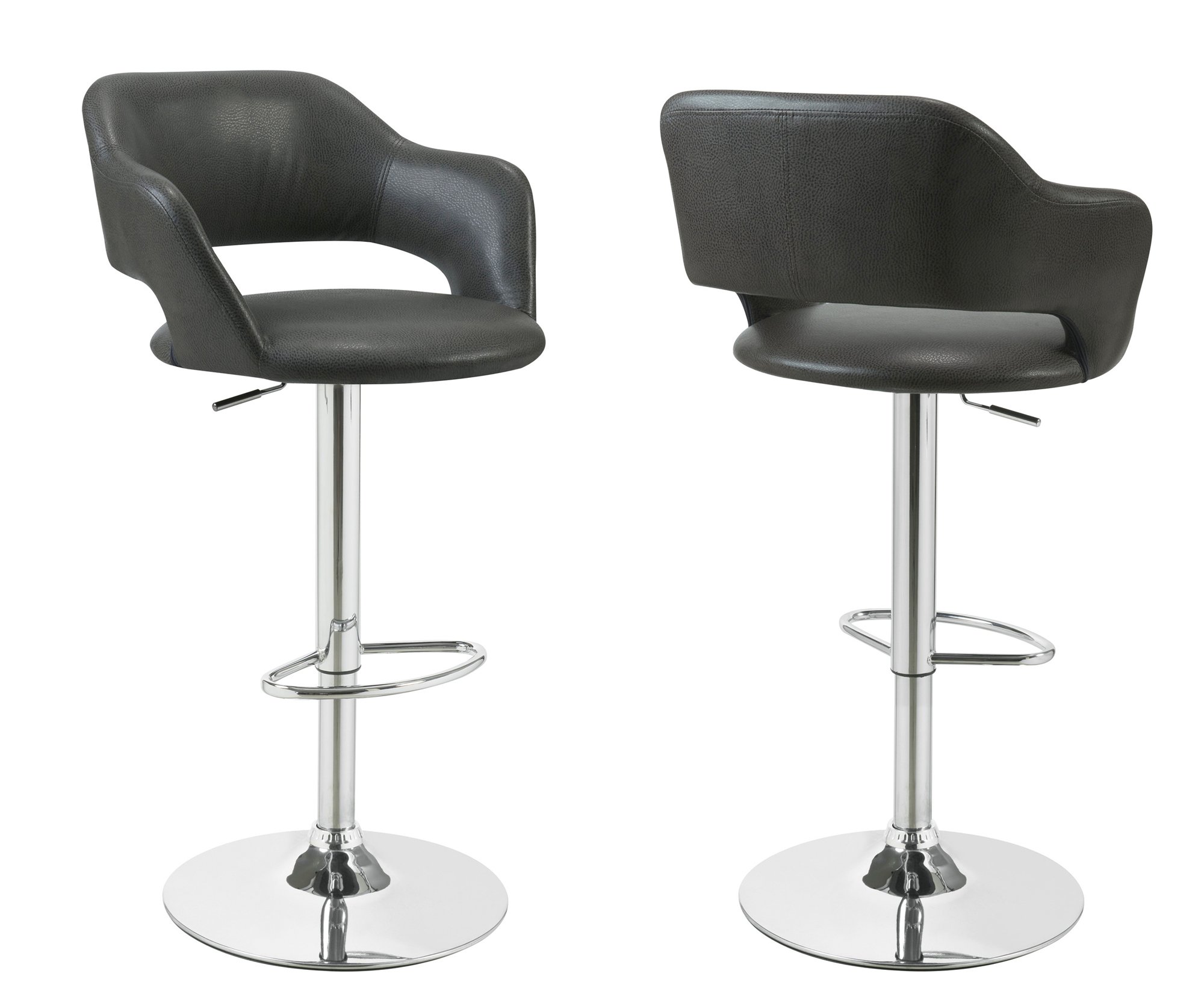 Stylish 21" x 22.5" x 36" charcoal foam metal leather look barstool with a shiny steel base and plush curved seat.