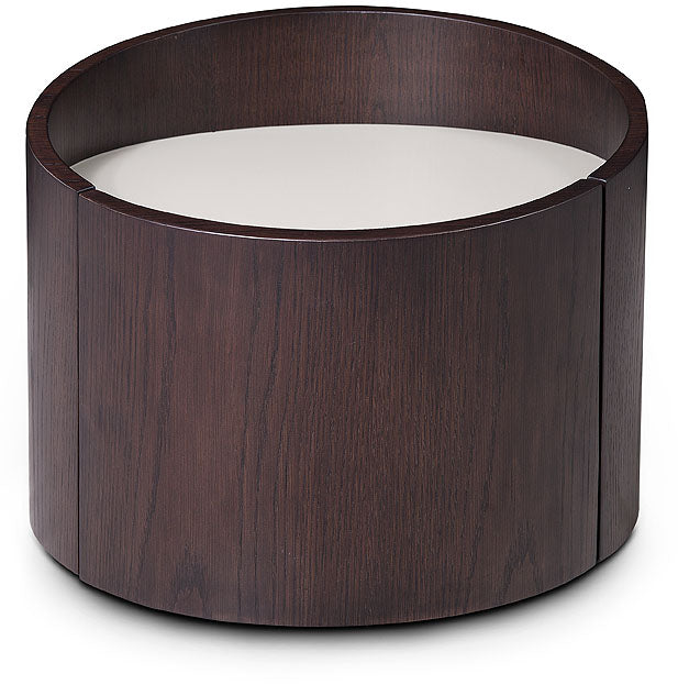 21 inches round modern end table with brown oak finish and grey gloss top, showcasing a sleek design suitable for various room styles.