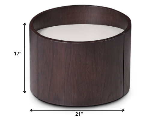 21 inches round modern end table with brown oak finish and grey gloss top, showcasing a sleek design suitable for various room styles.