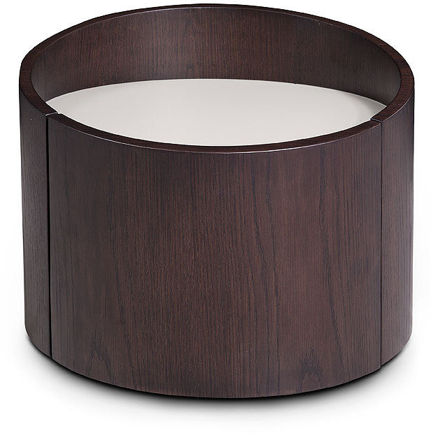 21 inches round modern end table with brown oak finish and grey gloss top, showcasing a sleek design suitable for various room styles.