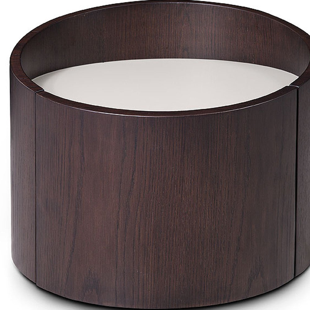 21 inches round modern end table with brown oak finish and grey gloss top, showcasing a sleek design suitable for various room styles.