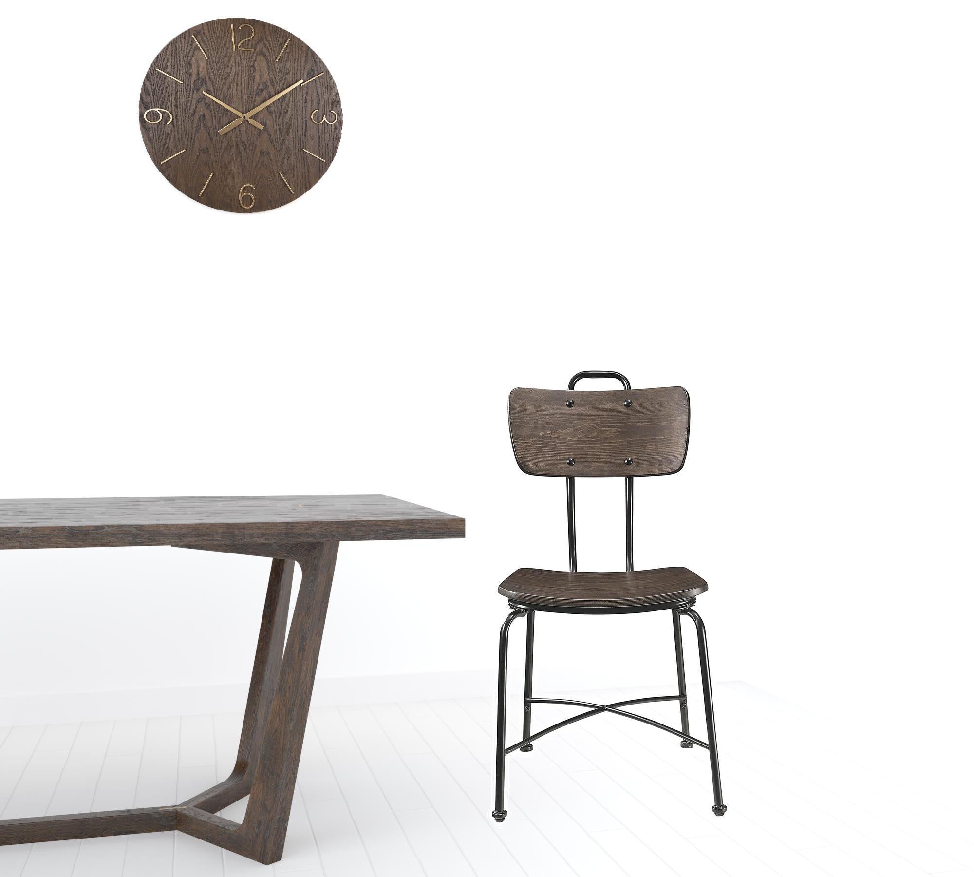 Elegant side chair featuring a walnut wood seat and sturdy black metal base, ideal for modern and industrial decor.