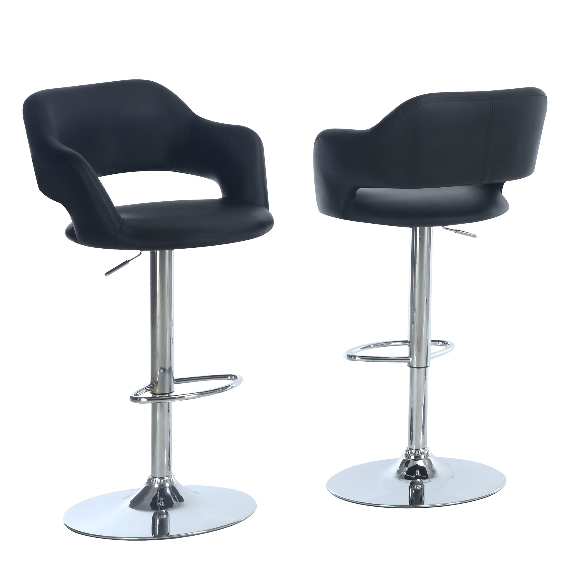 Stylish black foam metal leather look bar chair with chrome base, perfect for modern dining areas.