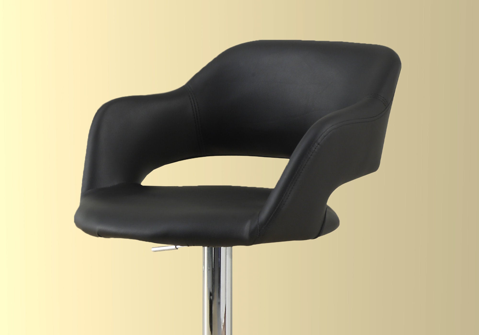 Stylish black foam metal leather look bar chair with chrome base, perfect for modern dining areas.