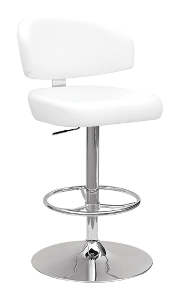 Stylish white and chrome swivel adjustable bar stool with padded seat and low backrest, perfect for modern dining areas.