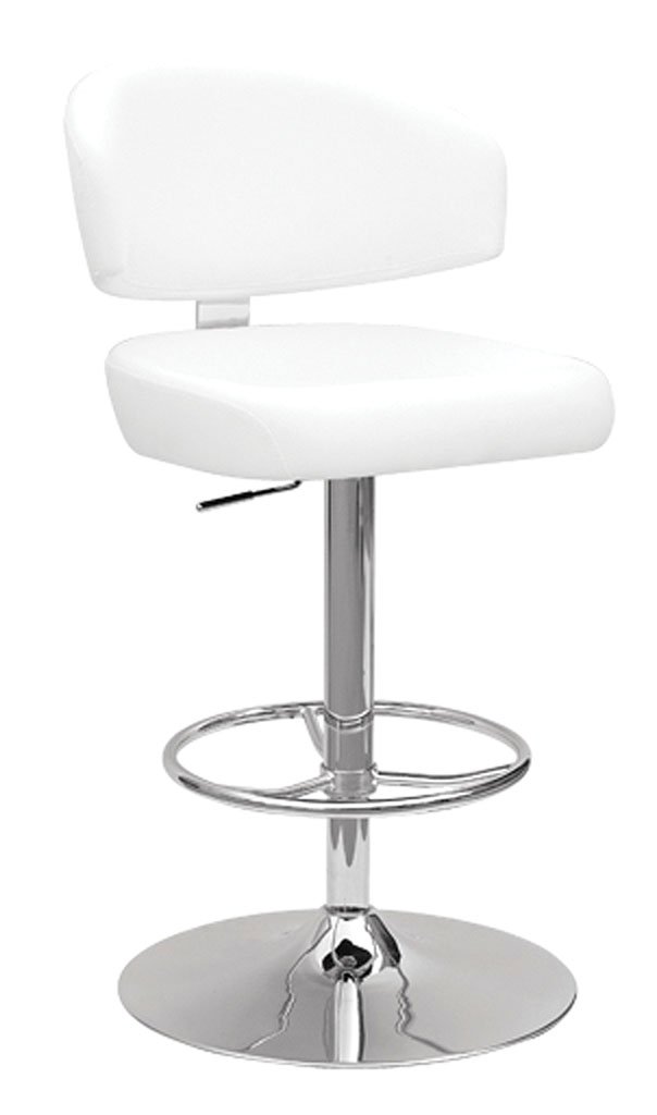 Stylish white and chrome swivel adjustable bar stool with padded seat and low backrest, perfect for modern dining areas.