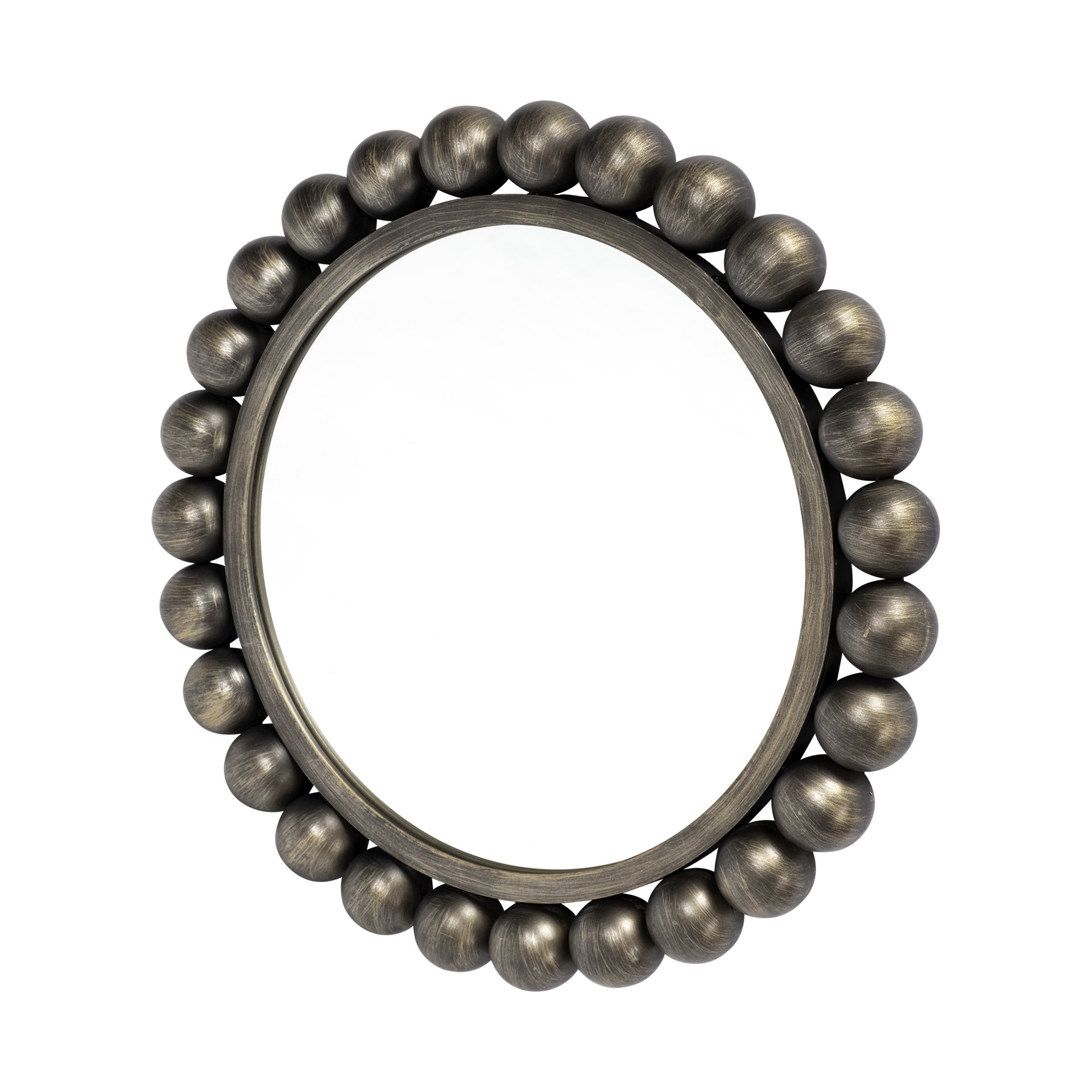 A stylish 23-inch round wall mirror featuring a black finish and a brushed gold metal frame with intricate bead details.