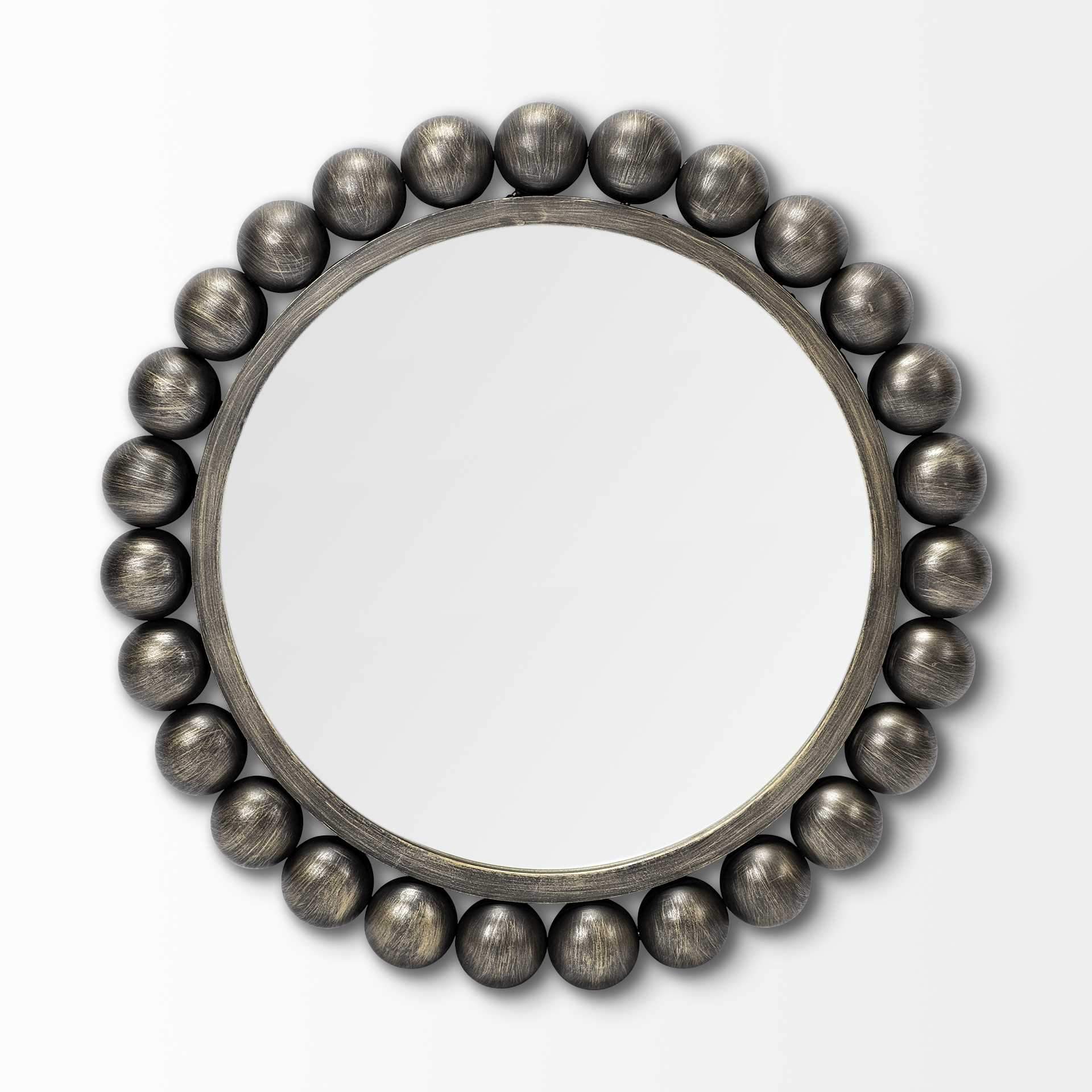 A stylish 23-inch round wall mirror featuring a black finish and a brushed gold metal frame with intricate bead details.