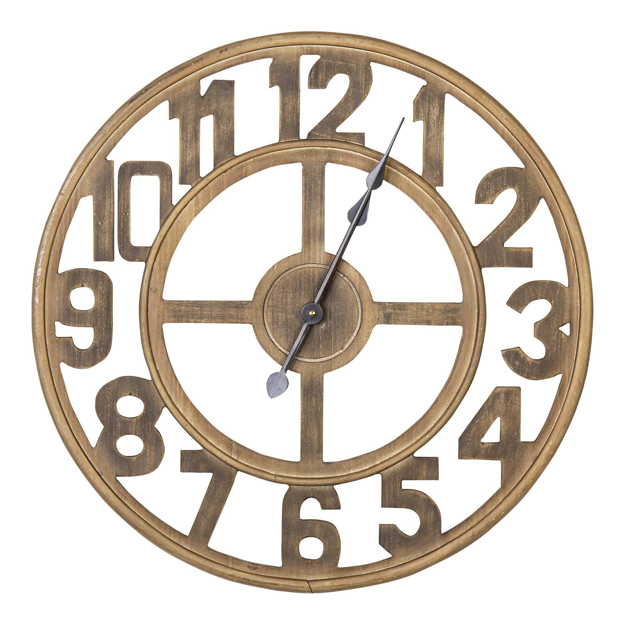 Elegant 23-inch round wooden open-face wall clock with natural wood finish and black metal hands.