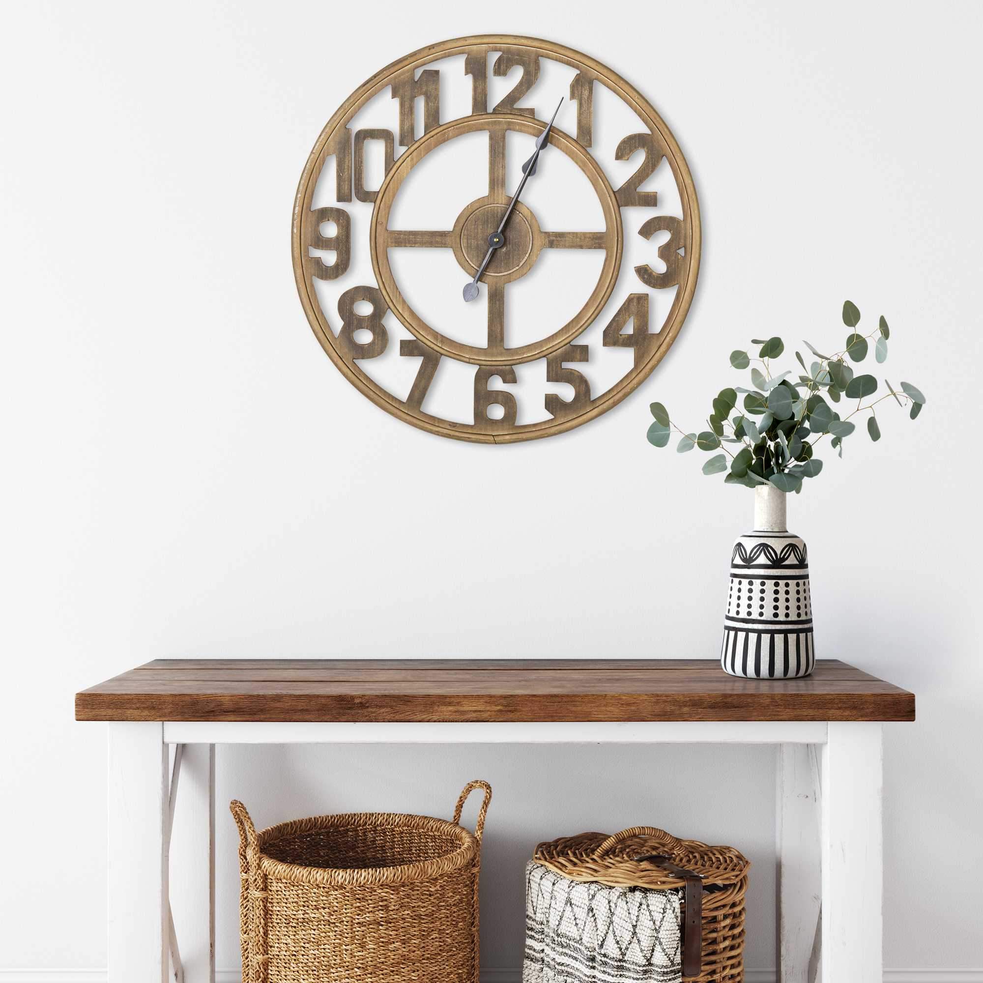 Elegant 23-inch round wooden open-face wall clock with natural wood finish and black metal hands.