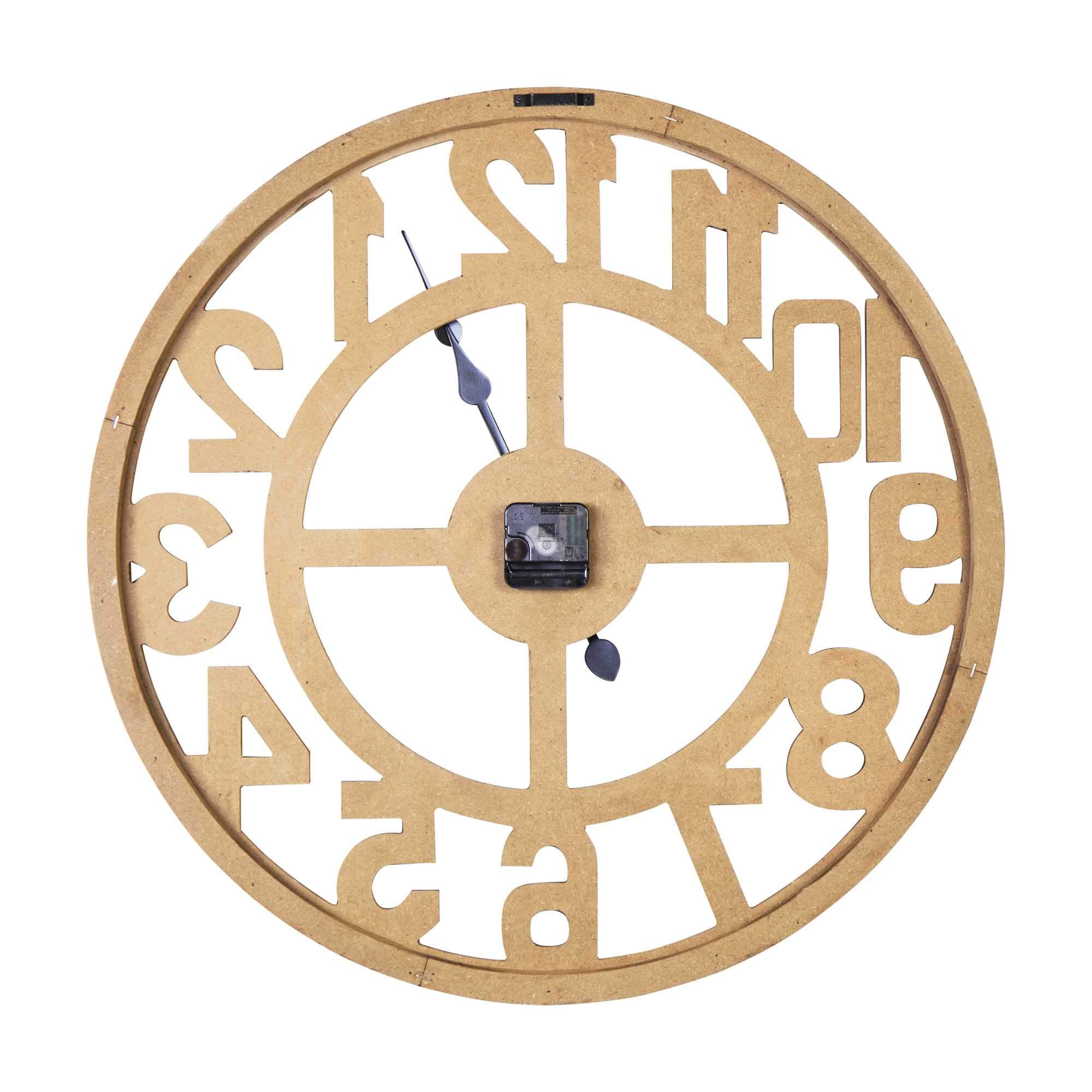 Elegant 23-inch round wooden open-face wall clock with natural wood finish and black metal hands.