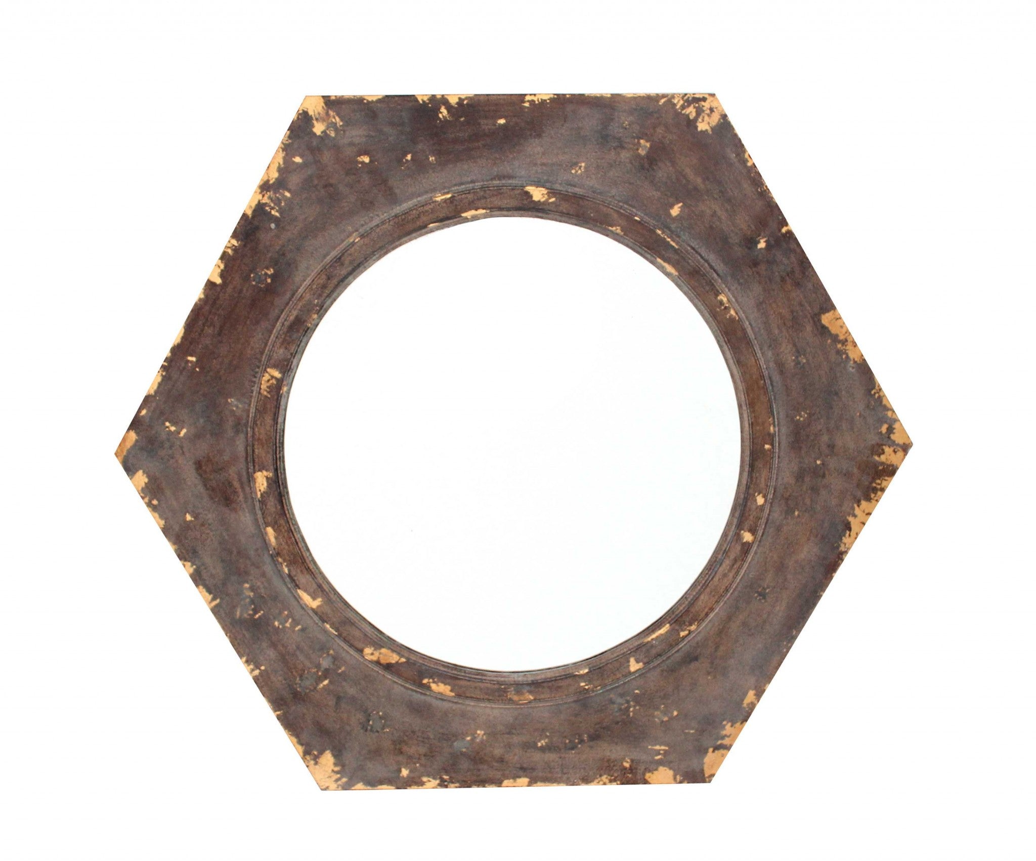 A beautifully crafted bronze vintage round hexagon frame cosmetic mirror with a distressed purple finish, showcasing its elegant design and rustic charm.