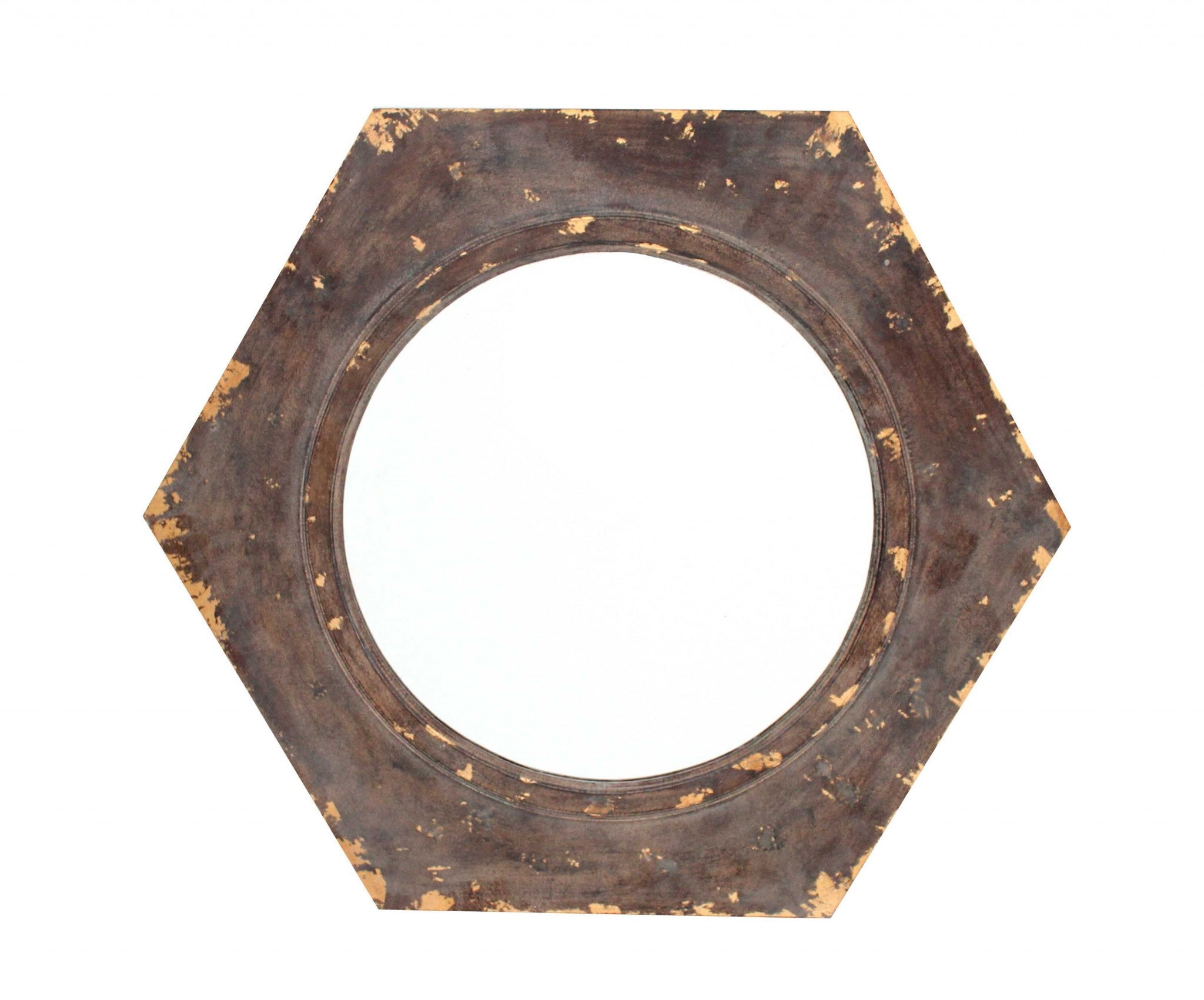 A beautifully crafted bronze vintage round hexagon frame cosmetic mirror with a distressed purple finish, showcasing its elegant design and rustic charm.