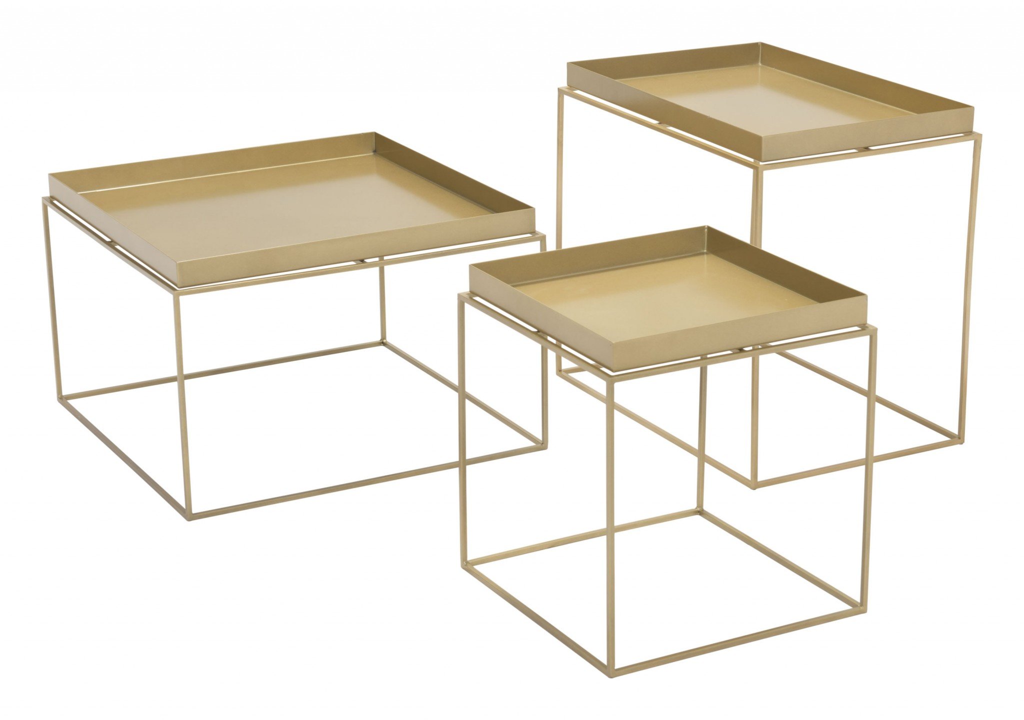 Set of three modern gold steel nesting tables with removable tray tops, perfect for small spaces.