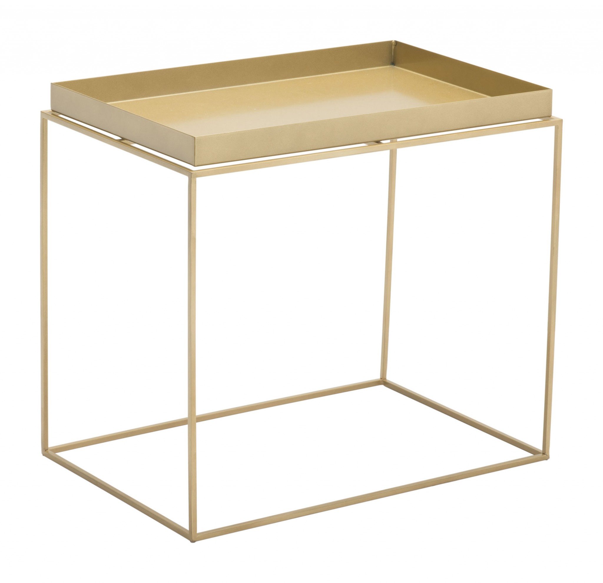 Set of three modern gold steel nesting tables with removable tray tops, perfect for small spaces.