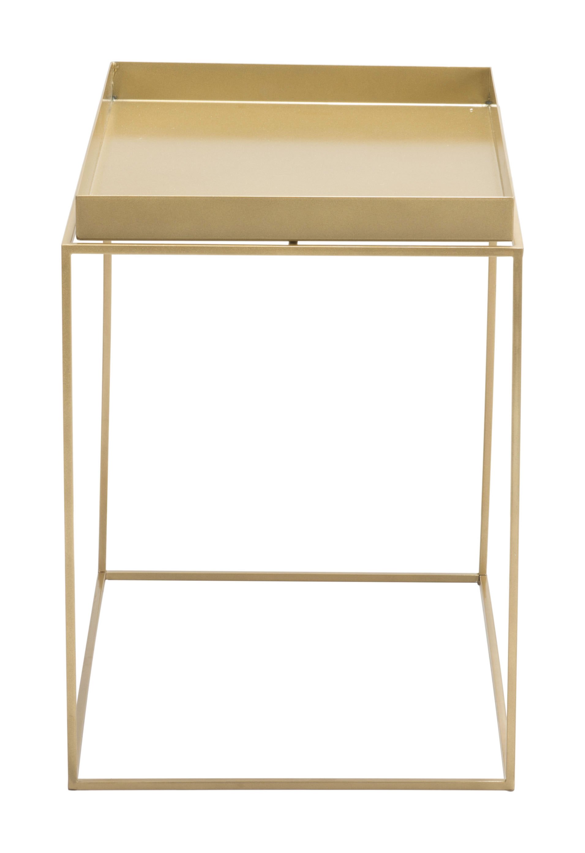 Set of three modern gold steel nesting tables with removable tray tops, perfect for small spaces.