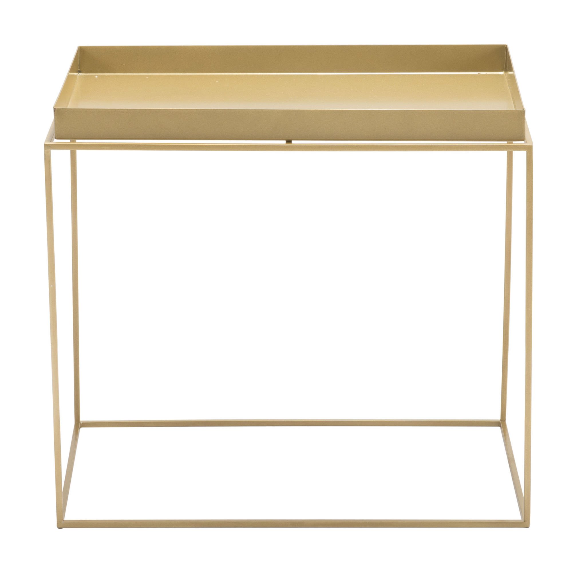 Set of three modern gold steel nesting tables with removable tray tops, perfect for small spaces.