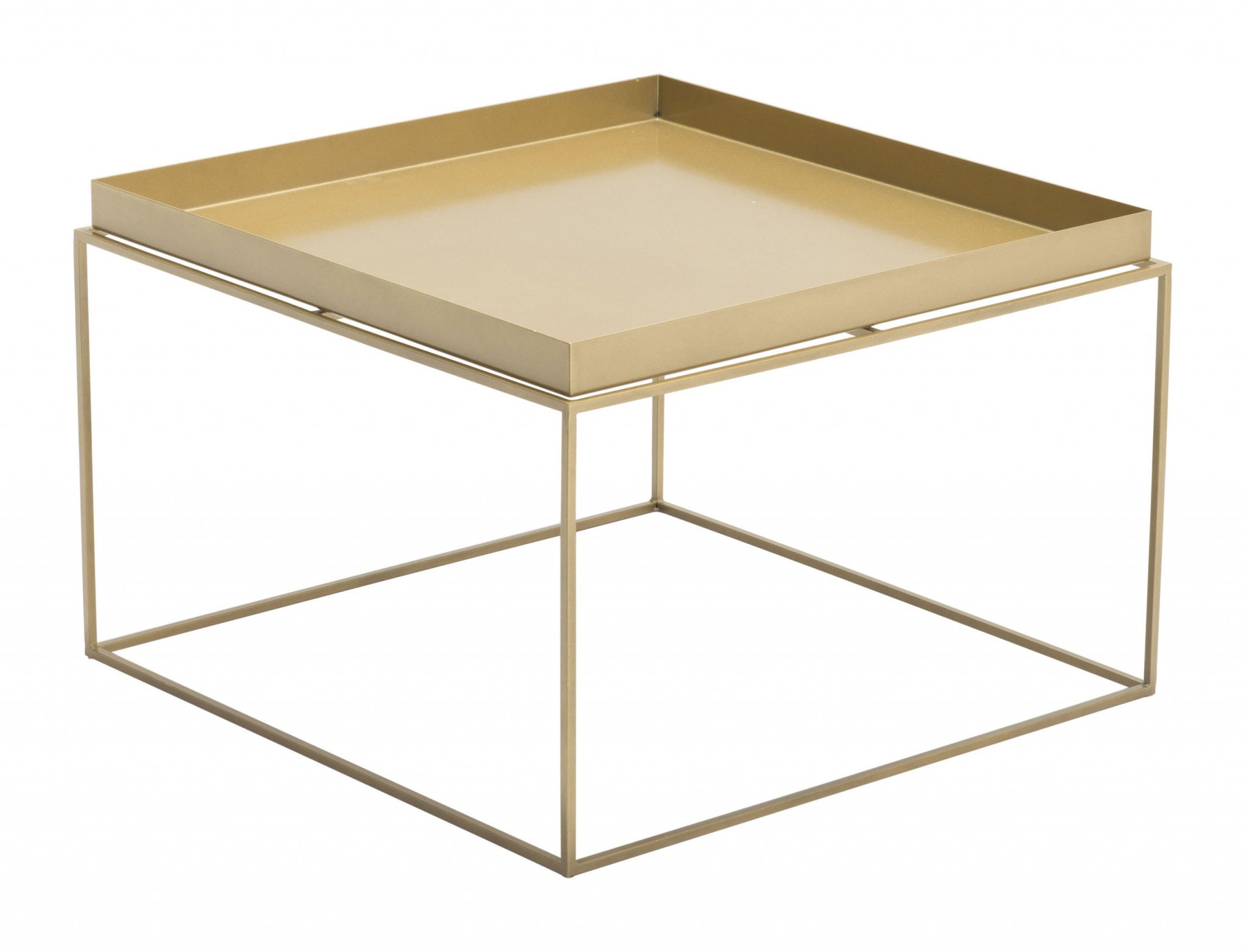 Set of three modern gold steel nesting tables with removable tray tops, perfect for small spaces.