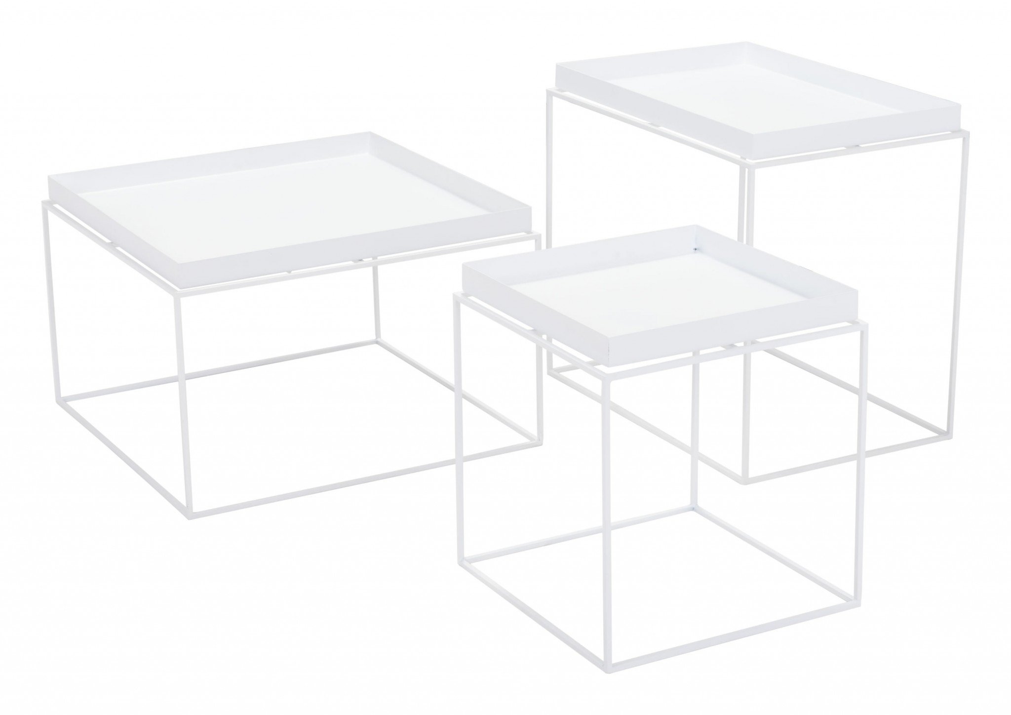 Set of three modern white steel nesting tables with removable tray tops, designed for small spaces.