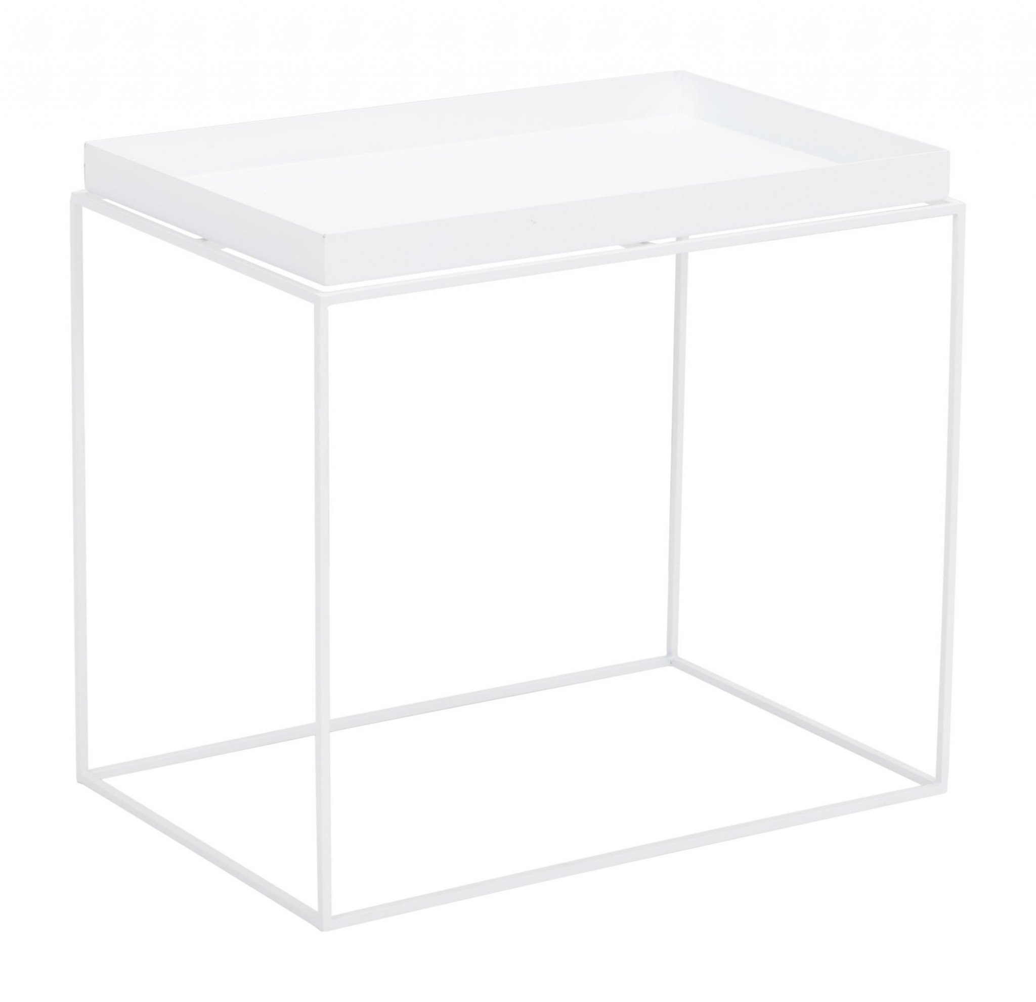 Set of three modern white steel nesting tables with removable tray tops, designed for small spaces.