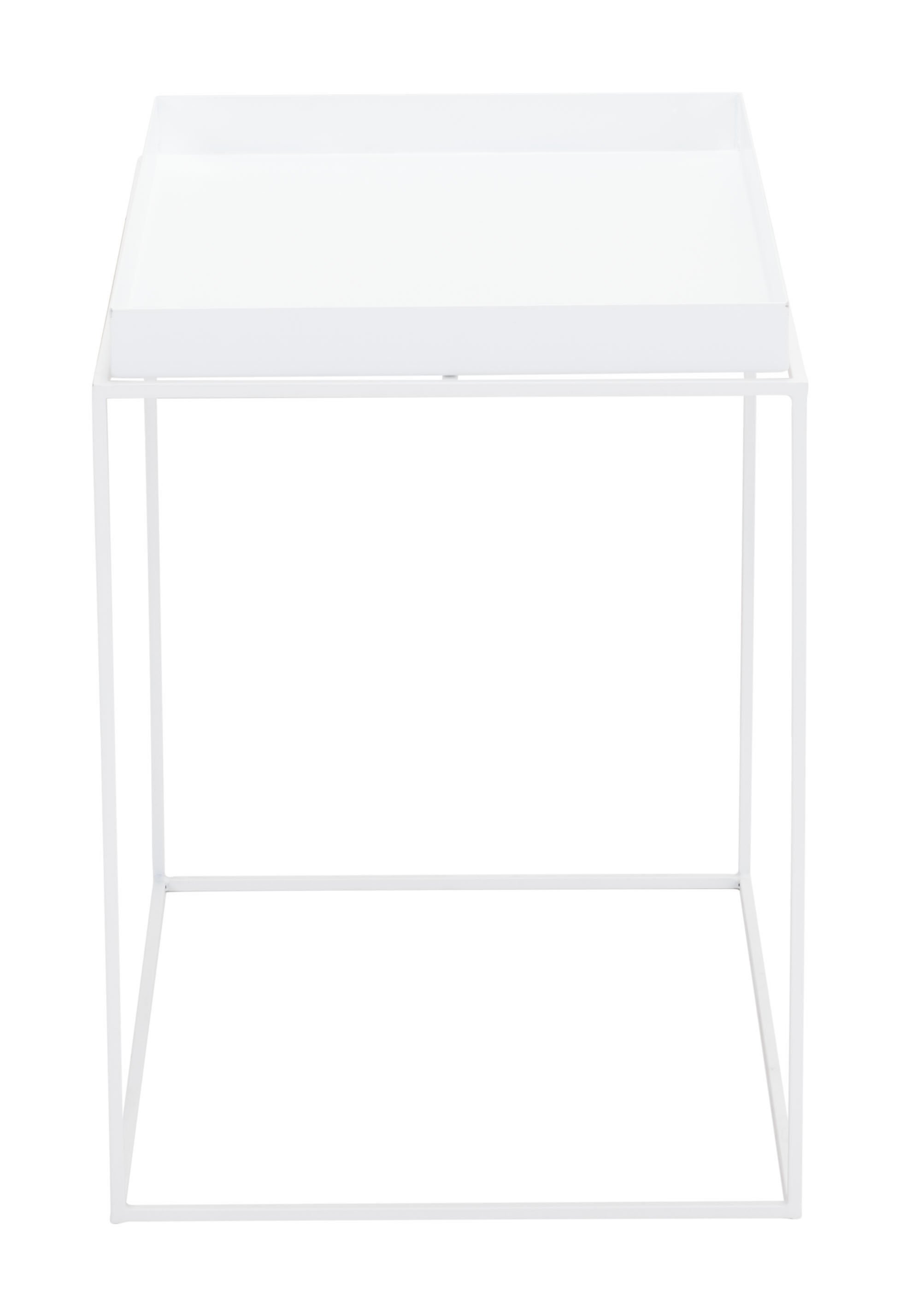 Set of three modern white steel nesting tables with removable tray tops, designed for small spaces.