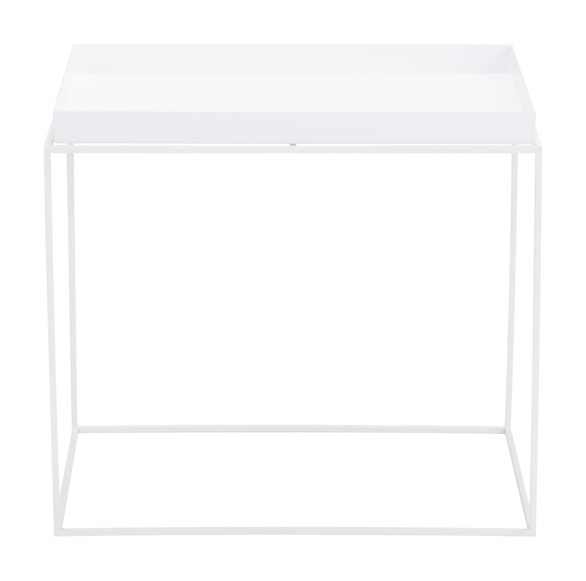 Set of three modern white steel nesting tables with removable tray tops, designed for small spaces.